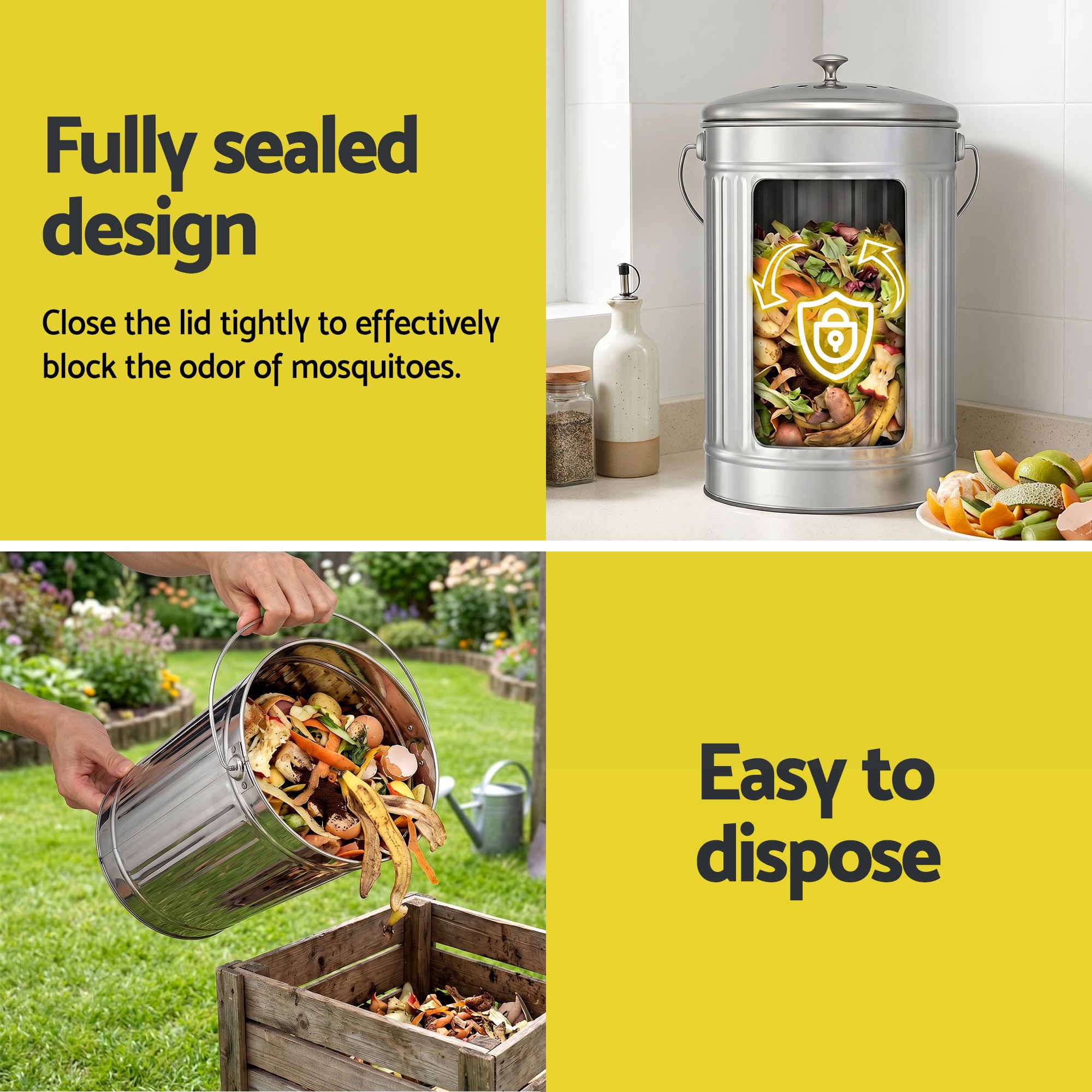 Gardeon Compost Bin Kitchen Countertop Food Waste Caddy 6L Silver CBIN-B120-SS