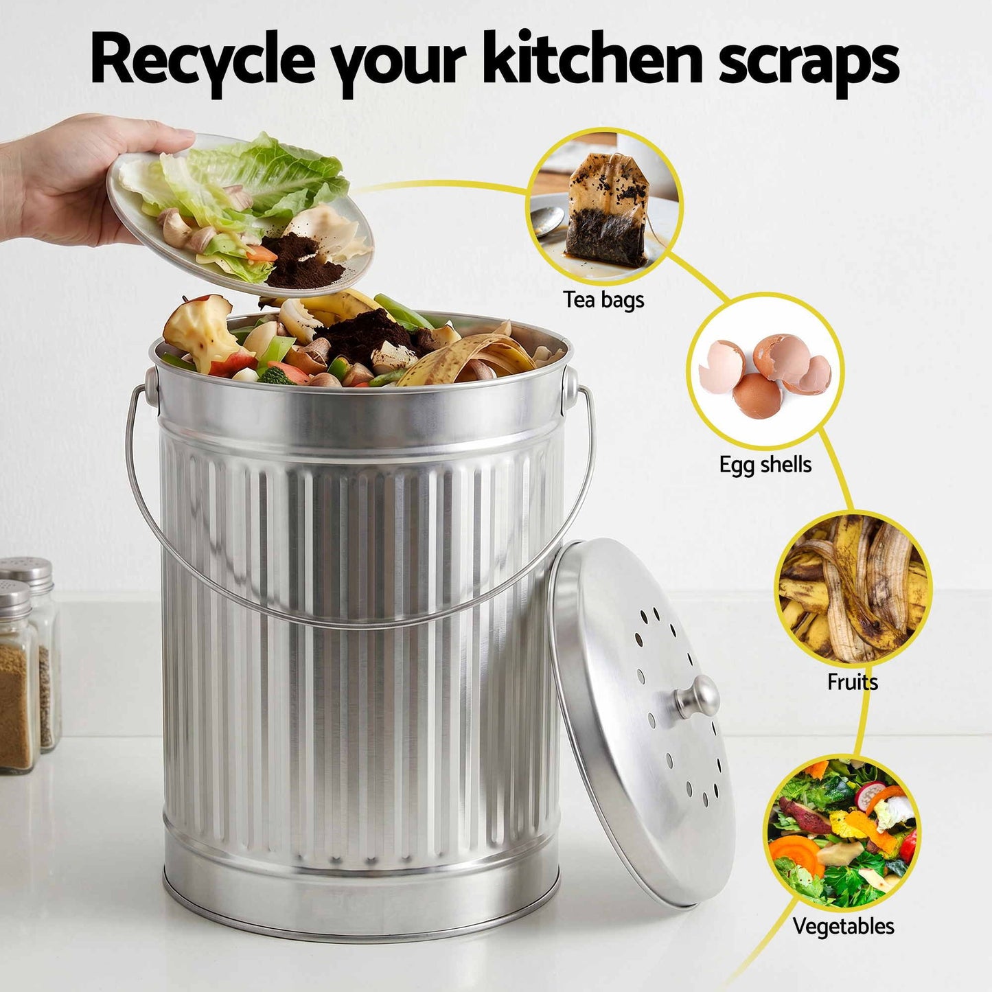Gardeon Compost Bin Kitchen Countertop Food Waste Caddy 6L Silver CBIN-B120-SS