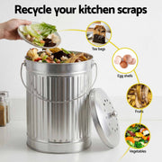 Gardeon Compost Bin Kitchen Countertop Food Waste Caddy 6L Silver CBIN-B120-SS