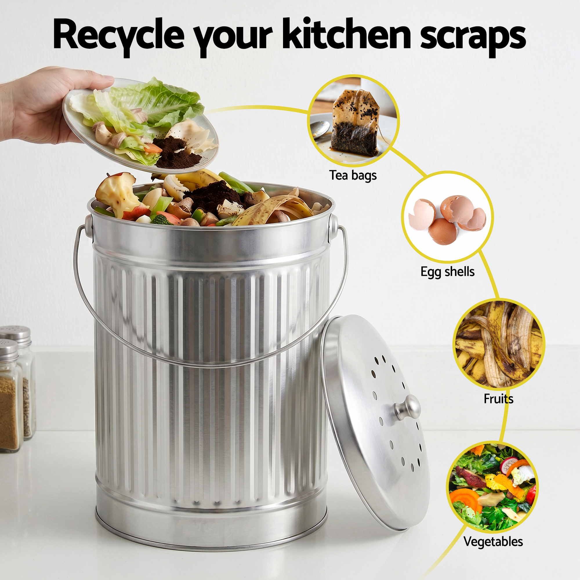 Gardeon Compost Bin Kitchen Countertop Food Waste Caddy 6L Silver CBIN-B120-SS