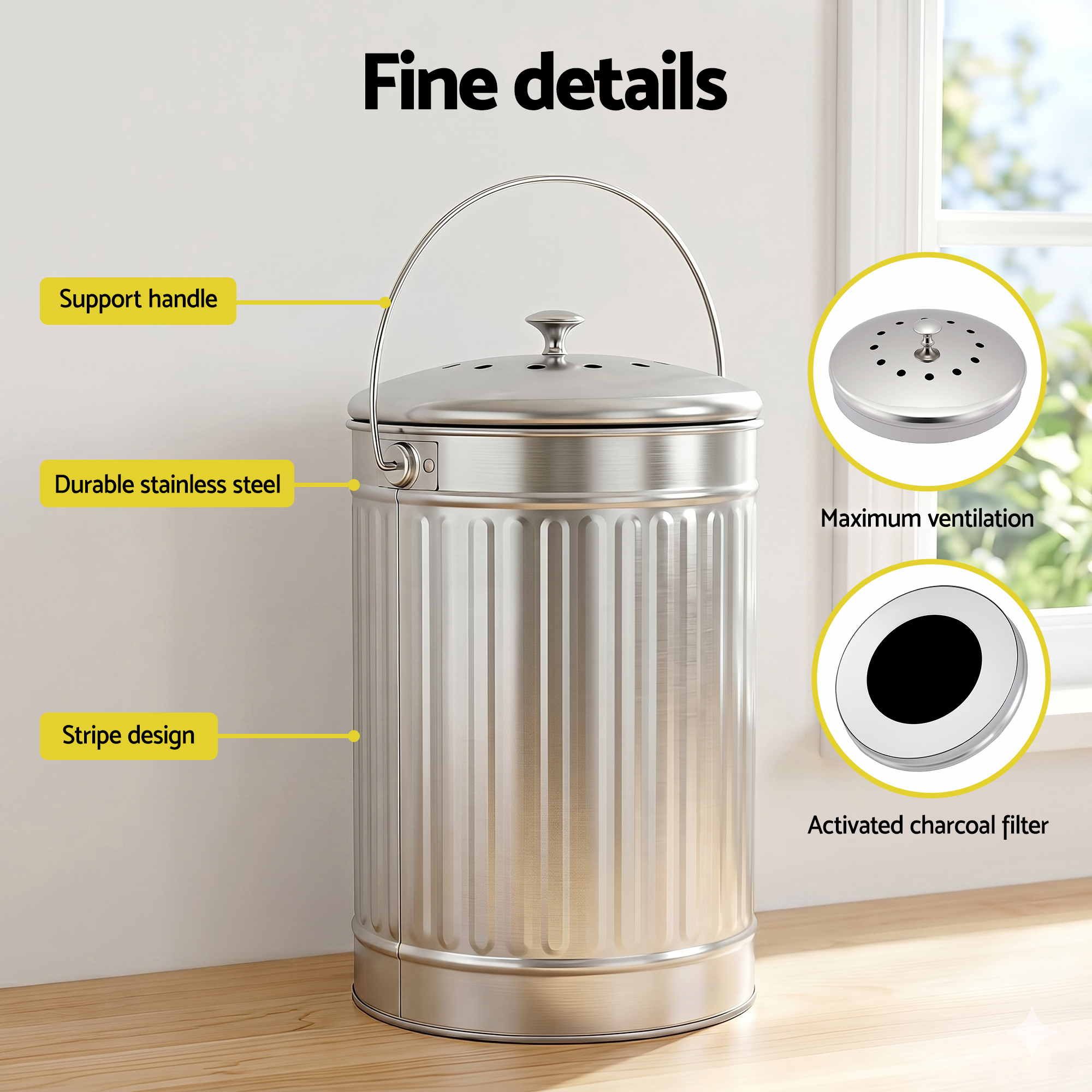 Gardeon Compost Bin Kitchen Countertop Food Waste Caddy 6L Silver CBIN-B120-SS