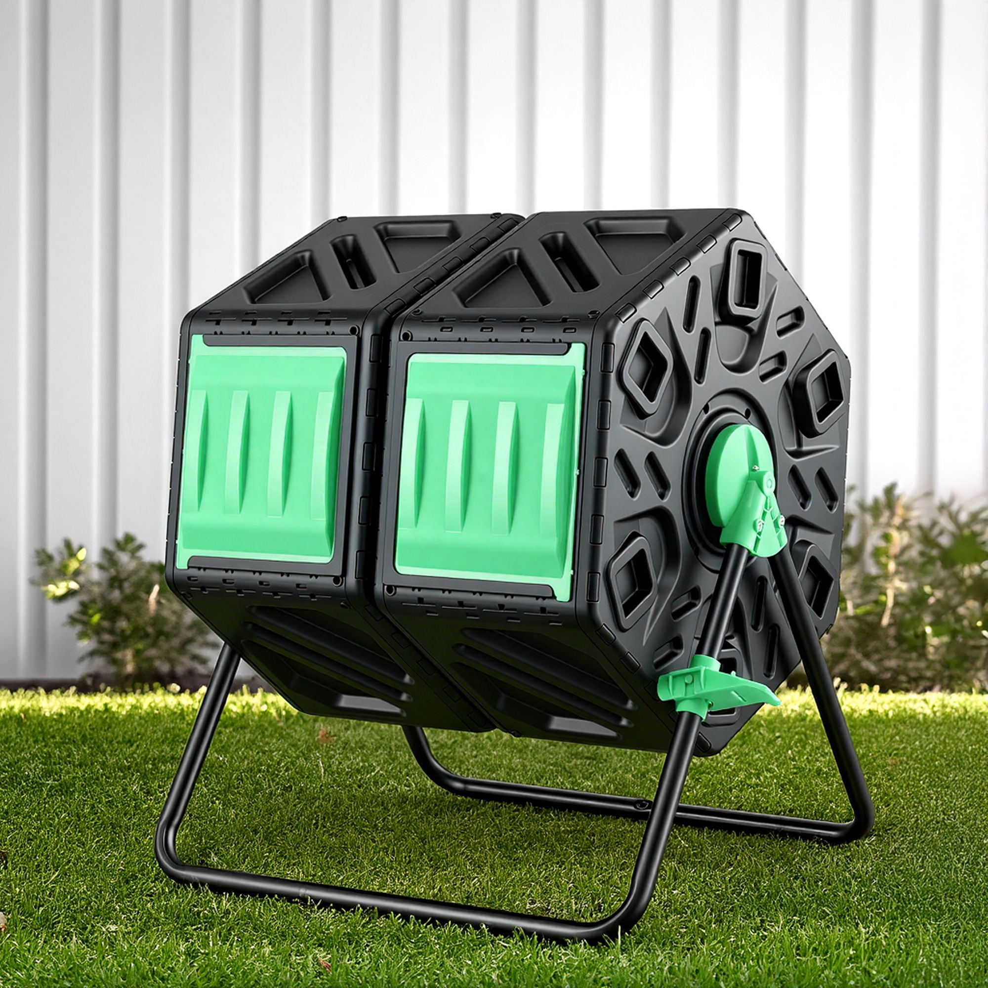 Gardeon Compost Bin Dual-Chamber 130L Composter Tumbler Rotating Garden Recycle Food Waste CBIN-DUAL-GNBK