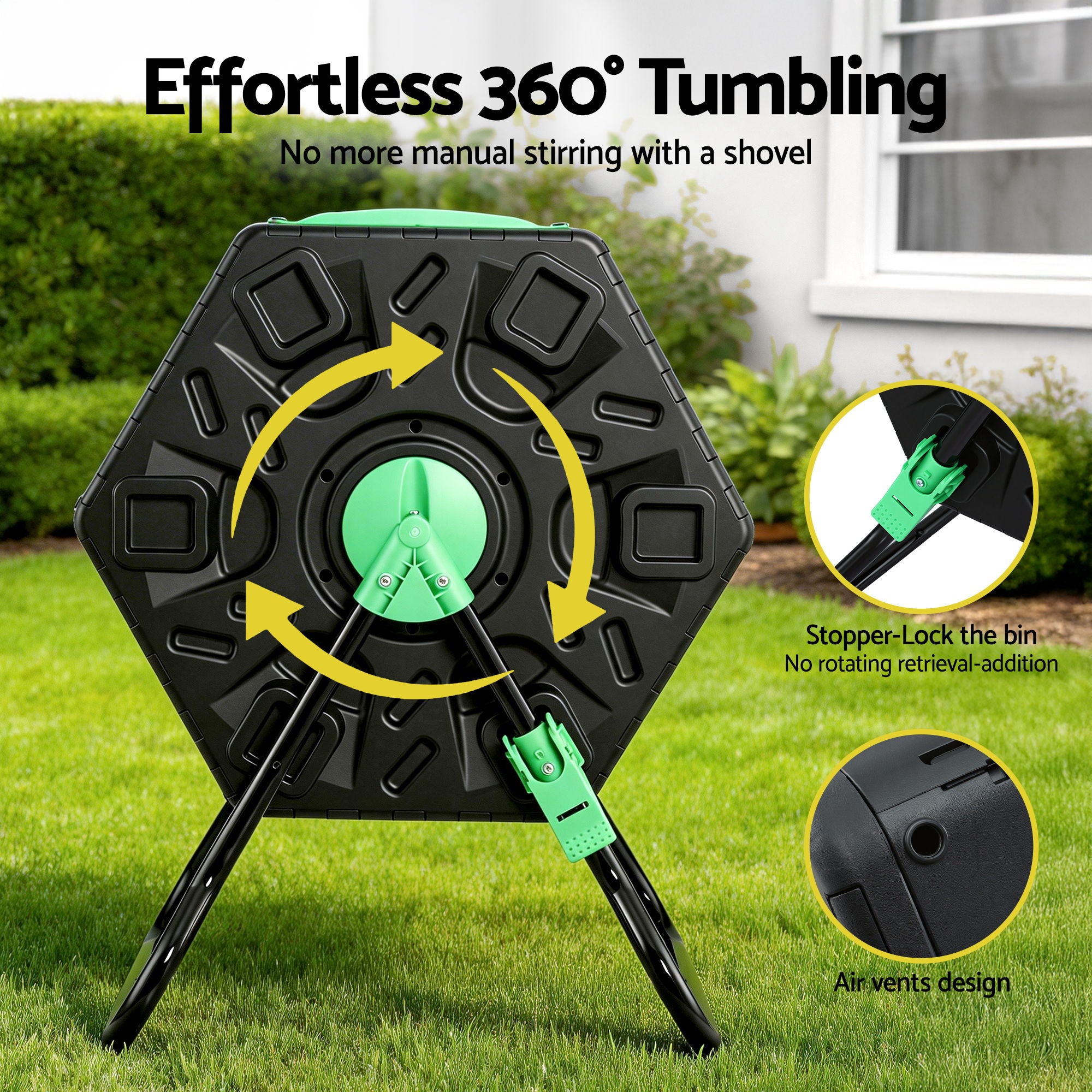 Gardeon Compost Bin Dual-Chamber 130L Composter Tumbler Rotating Garden Recycle Food Waste CBIN-DUAL-GNBK