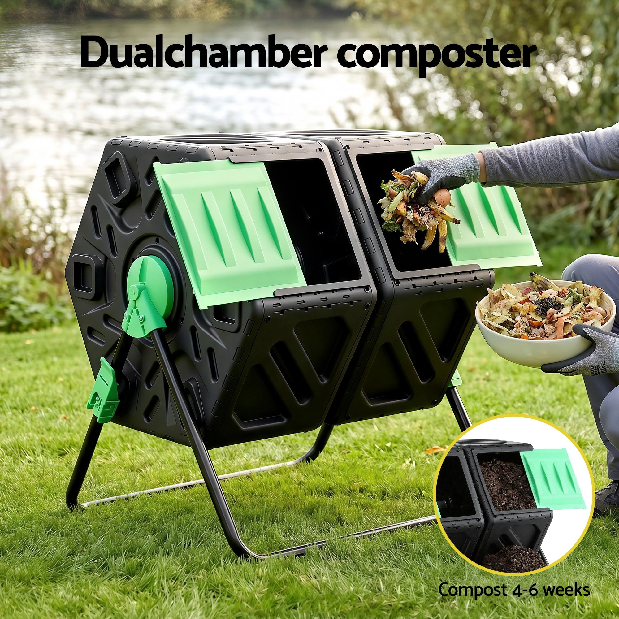Gardeon Compost Bin Dual-Chamber 130L Composter Tumbler Rotating Garden Recycle Food Waste CBIN-DUAL-GNBK