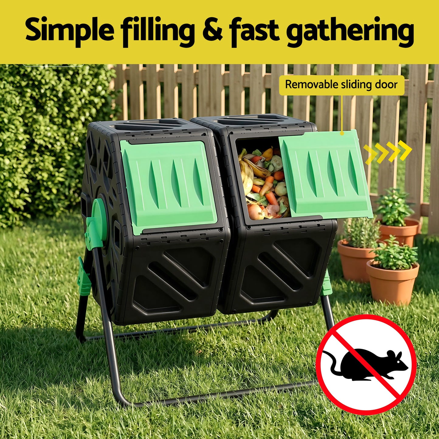 Gardeon Compost Bin Dual-Chamber 130L Composter Tumbler Rotating Garden Recycle Food Waste CBIN-DUAL-GNBK