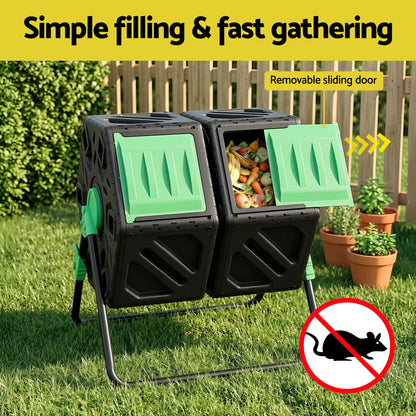 Gardeon Compost Bin Dual-Chamber 130L Composter Tumbler Rotating Garden Recycle Food Waste CBIN-DUAL-GNBK