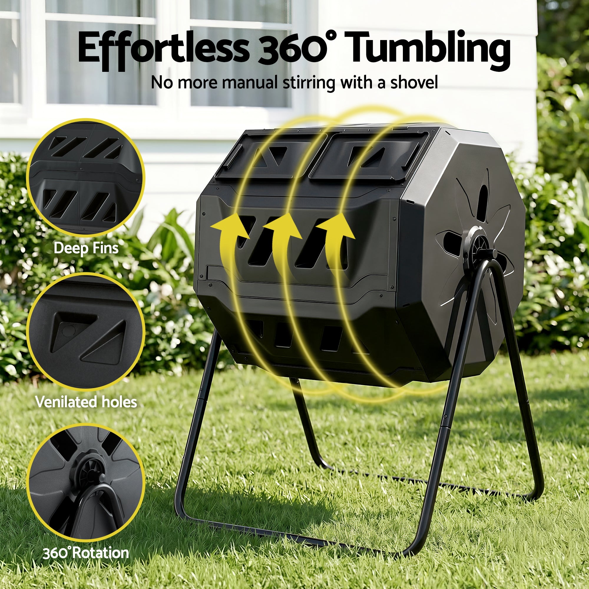 Gardeon Compost Bin Dual-Chamber 160L Composter Tumbler Rotating Garden Recycle Food Waste CBIN-DUAL-TBL-BK