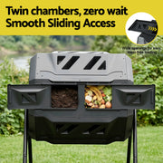 Gardeon Compost Bin Dual-Chamber 160L Composter Tumbler Rotating Garden Recycle Food Waste CBIN-DUAL-TBL-BK