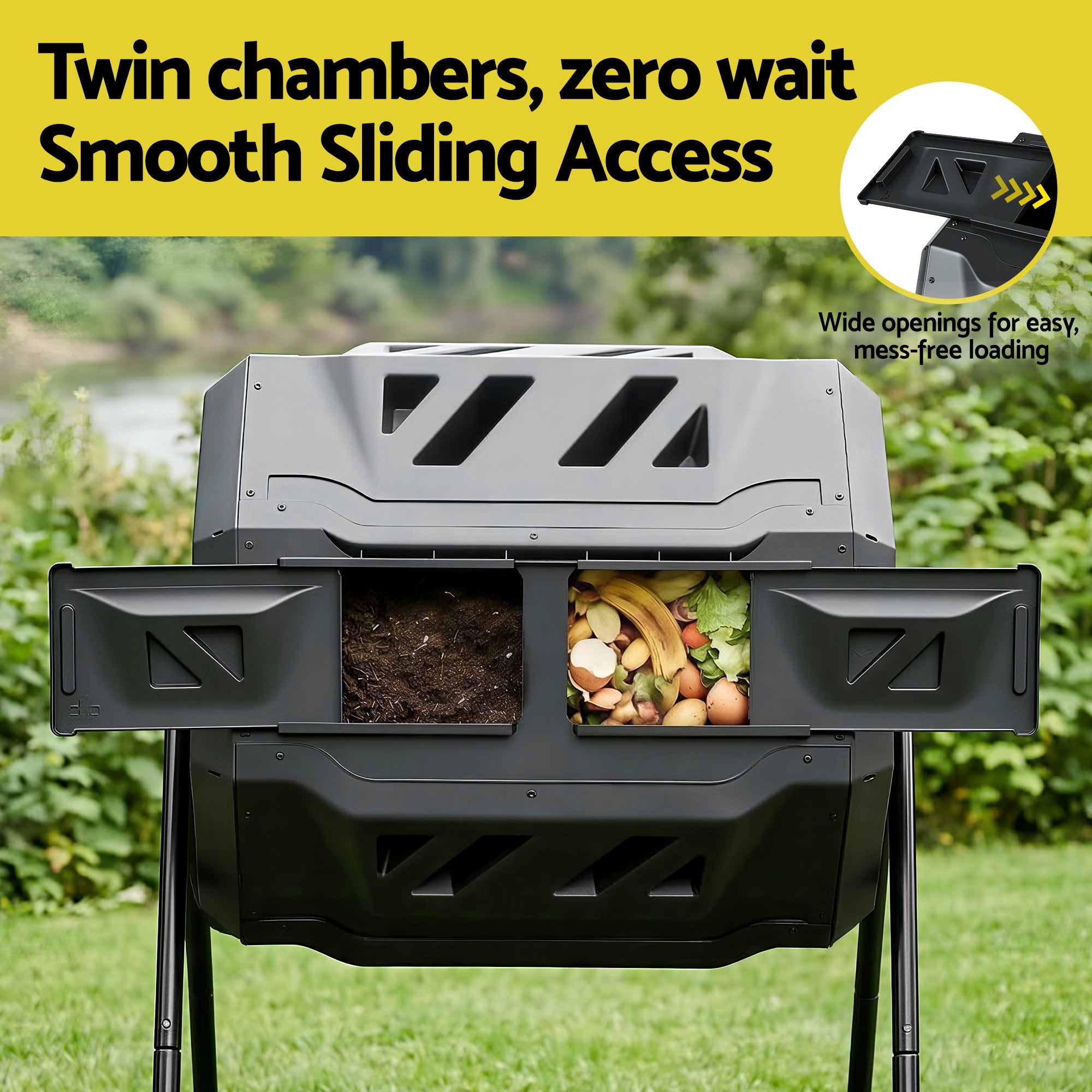 Gardeon Compost Bin Dual-Chamber 160L Composter Tumbler Rotating Garden Recycle Food Waste CBIN-DUAL-TBL-BK
