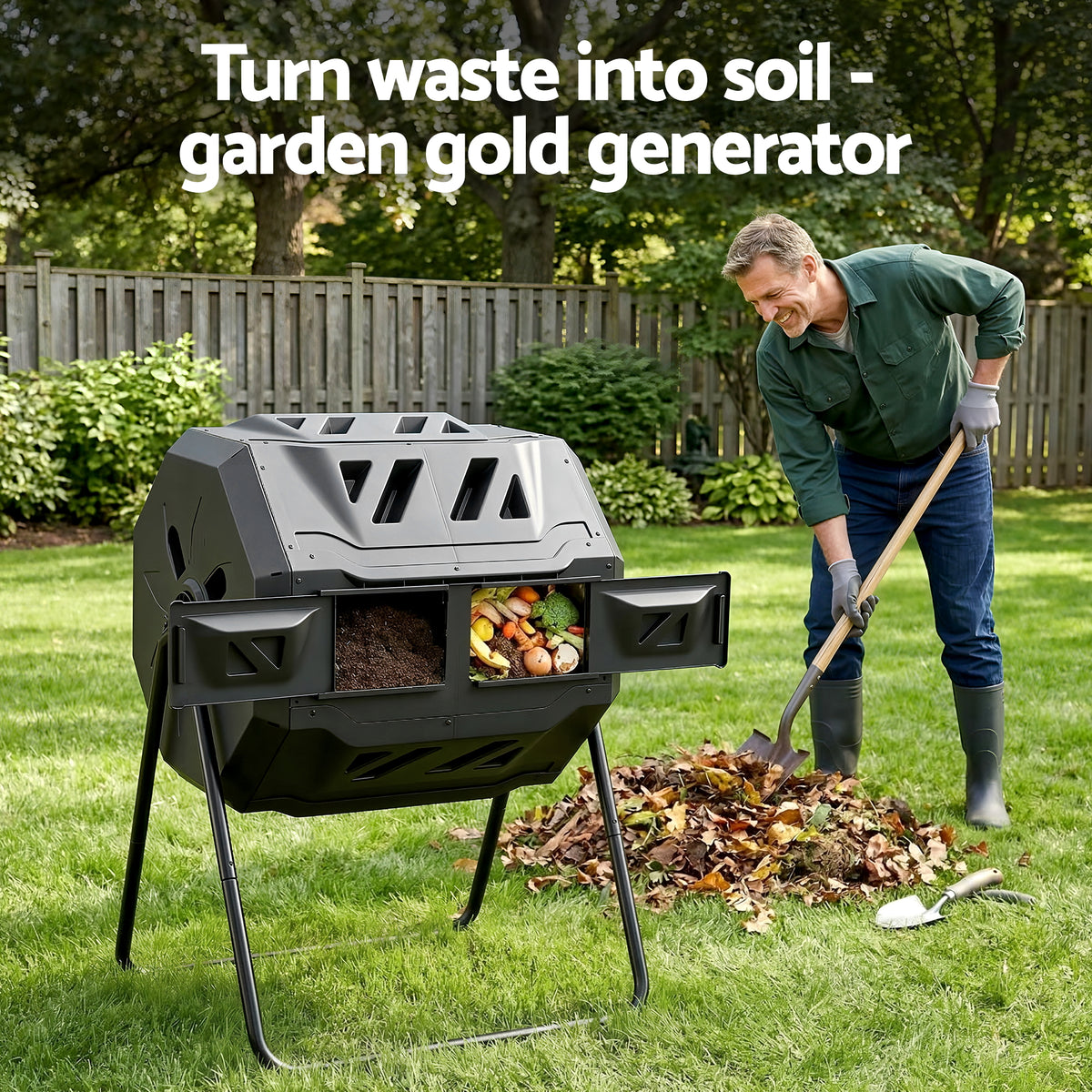 Gardeon Compost Bin Dual-Chamber 160L Composter Tumbler Rotating Garden Recycle Food Waste CBIN-DUAL-TBL-BK