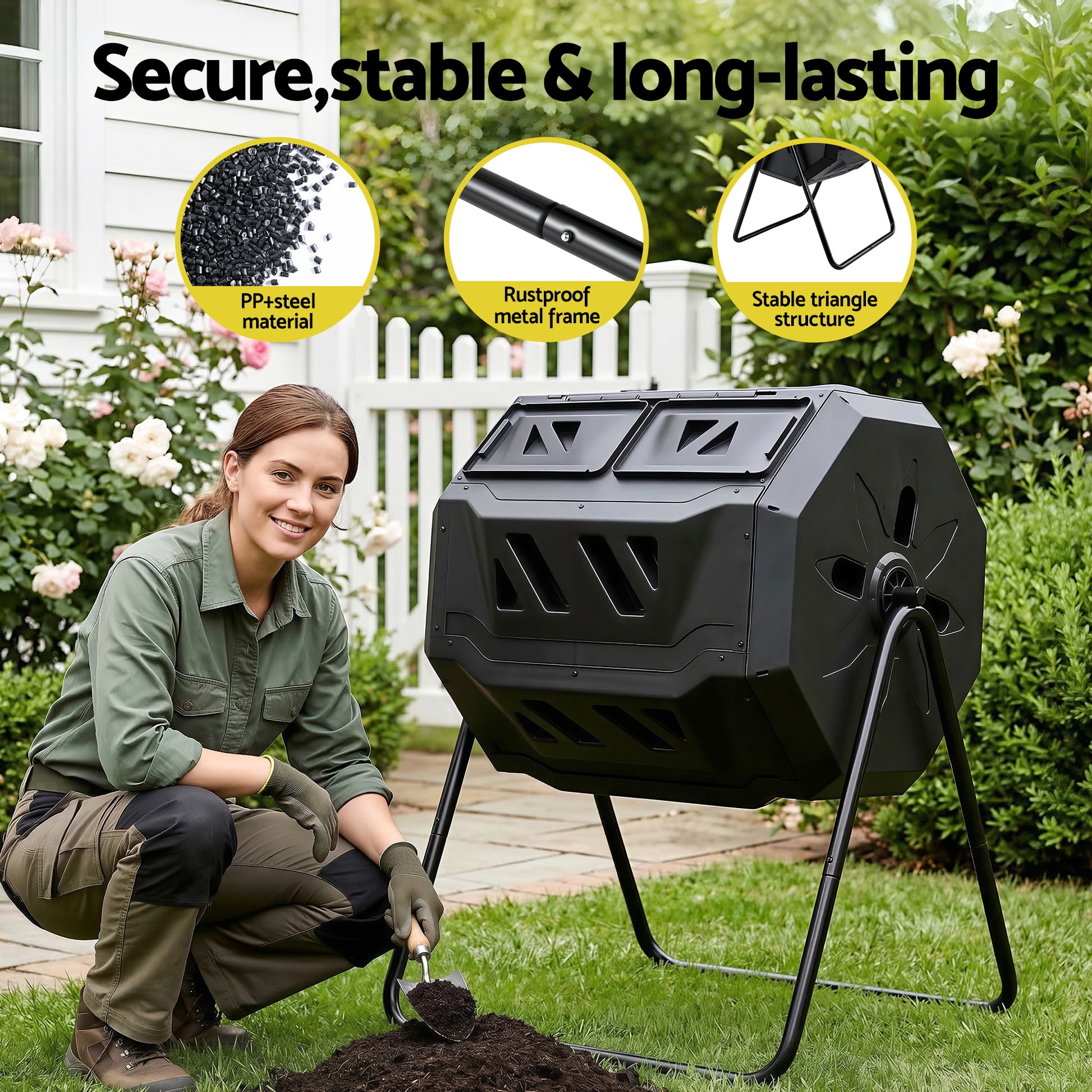 Gardeon Compost Bin Dual-Chamber 160L Composter Tumbler Rotating Garden Recycle Food Waste CBIN-DUAL-TBL-BK
