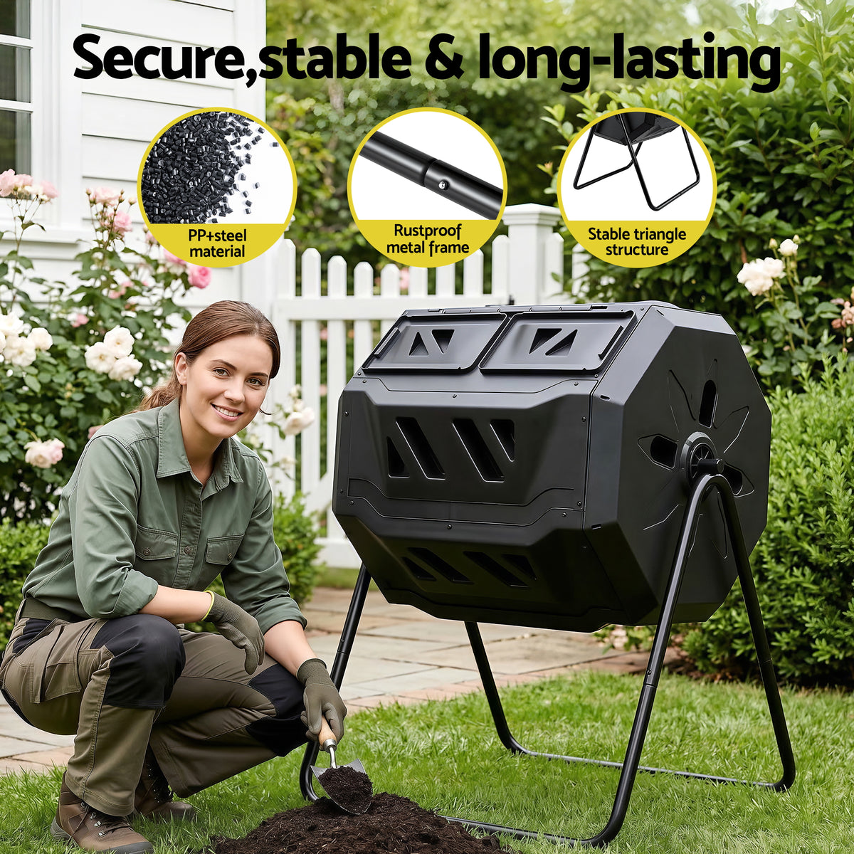Gardeon Compost Bin Dual-Chamber 160L Composter Tumbler Rotating Garden Recycle Food Waste CBIN-DUAL-TBL-BK
