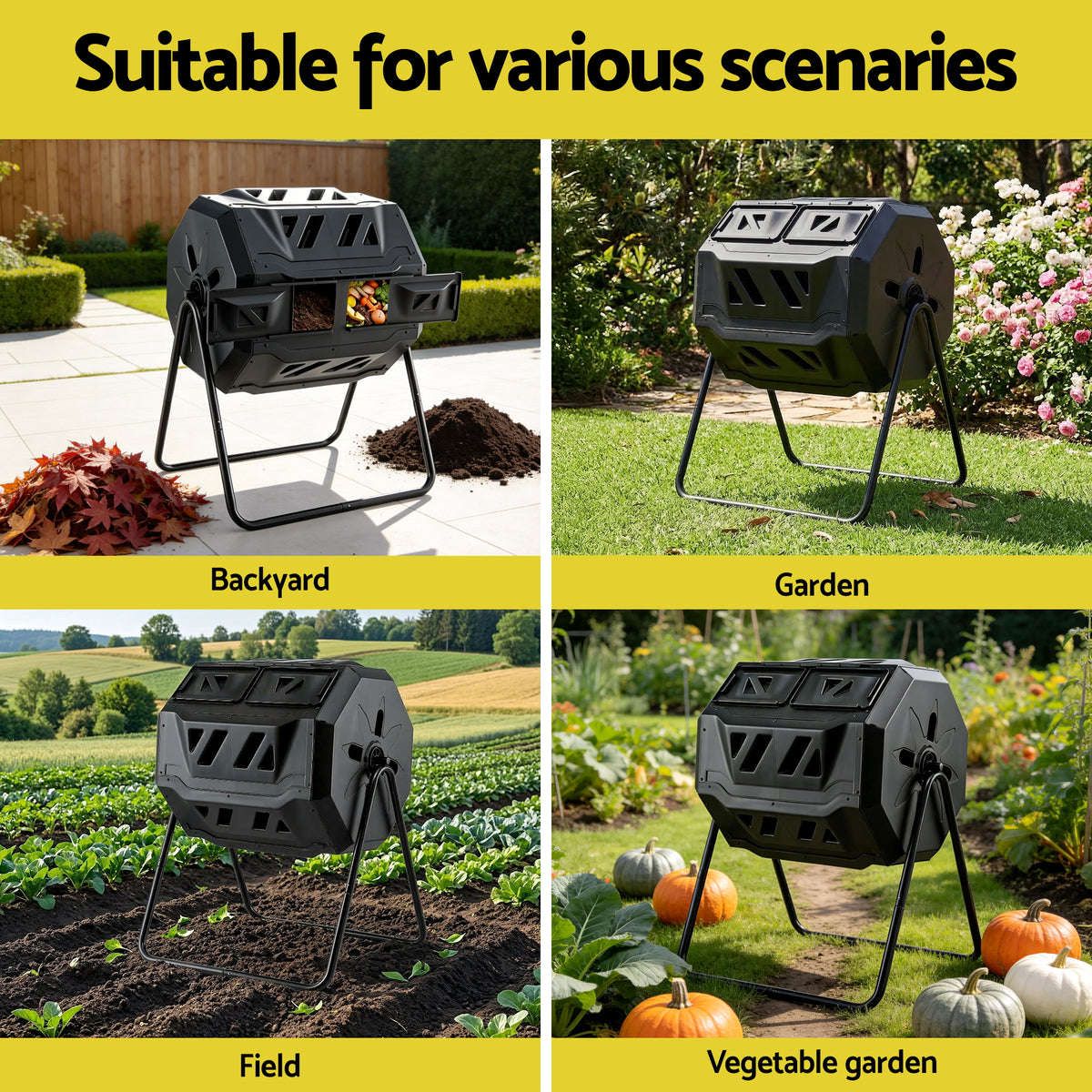 Gardeon Compost Bin Dual-Chamber 160L Composter Tumbler Rotating Garden Recycle Food Waste CBIN-DUAL-TBL-BK