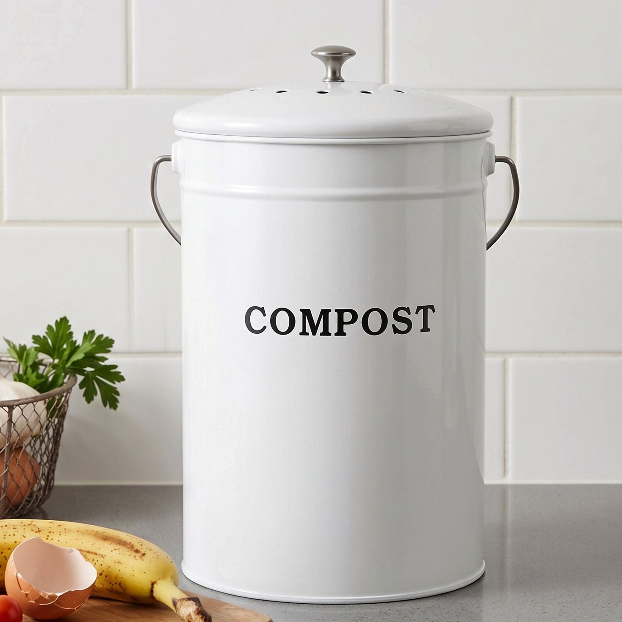 Gardeon Compost Bin Kitchen Compost Caddy Food Waste Bin Bench White CBIN-ROUND-6L-WH
