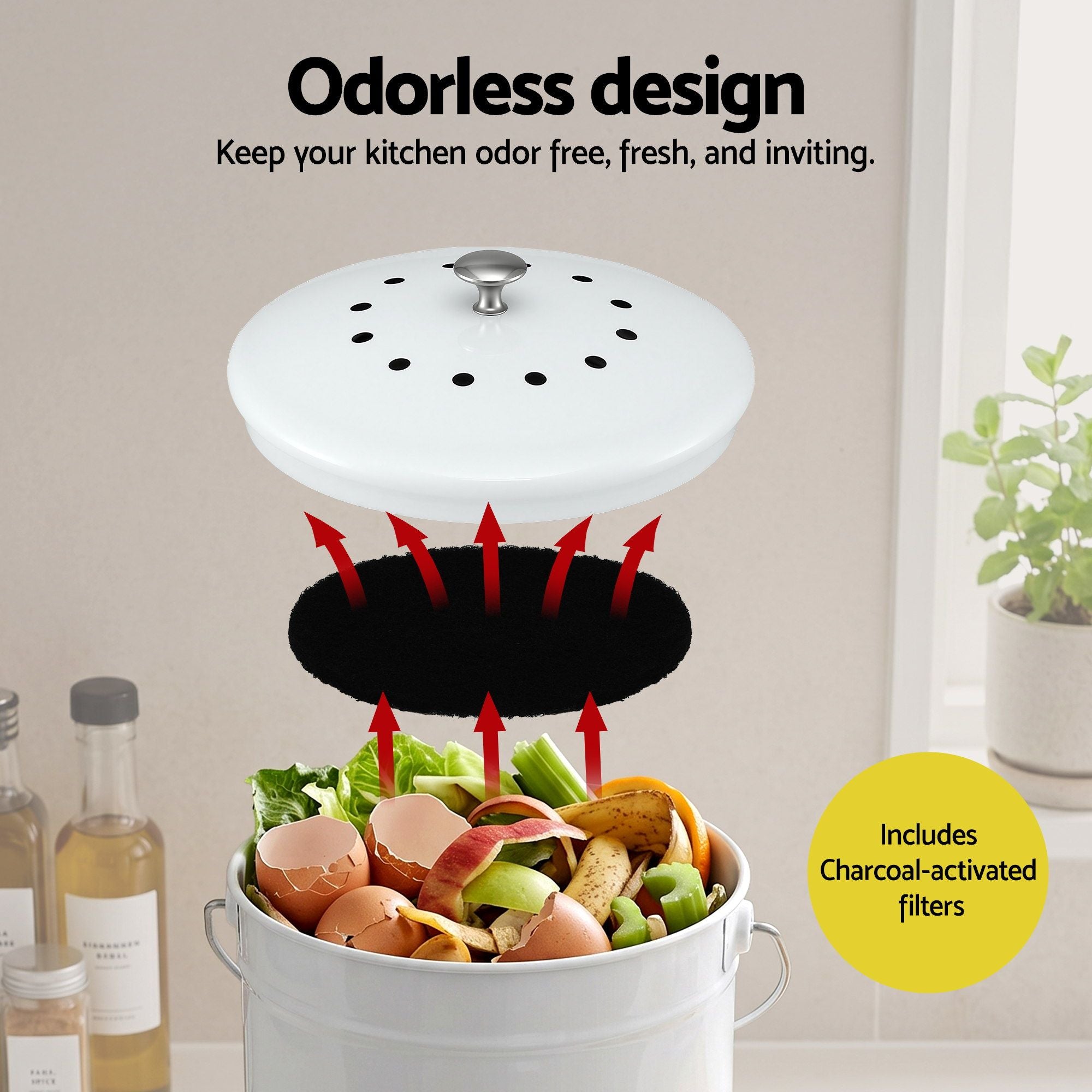 Gardeon Compost Bin Kitchen Compost Caddy Food Waste Bin Bench White CBIN-ROUND-6L-WH