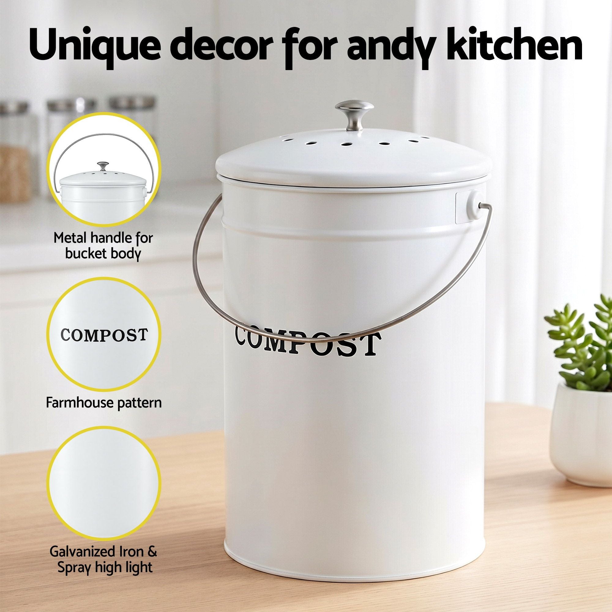 Gardeon Compost Bin Kitchen Compost Caddy Food Waste Bin Bench White CBIN-ROUND-6L-WH