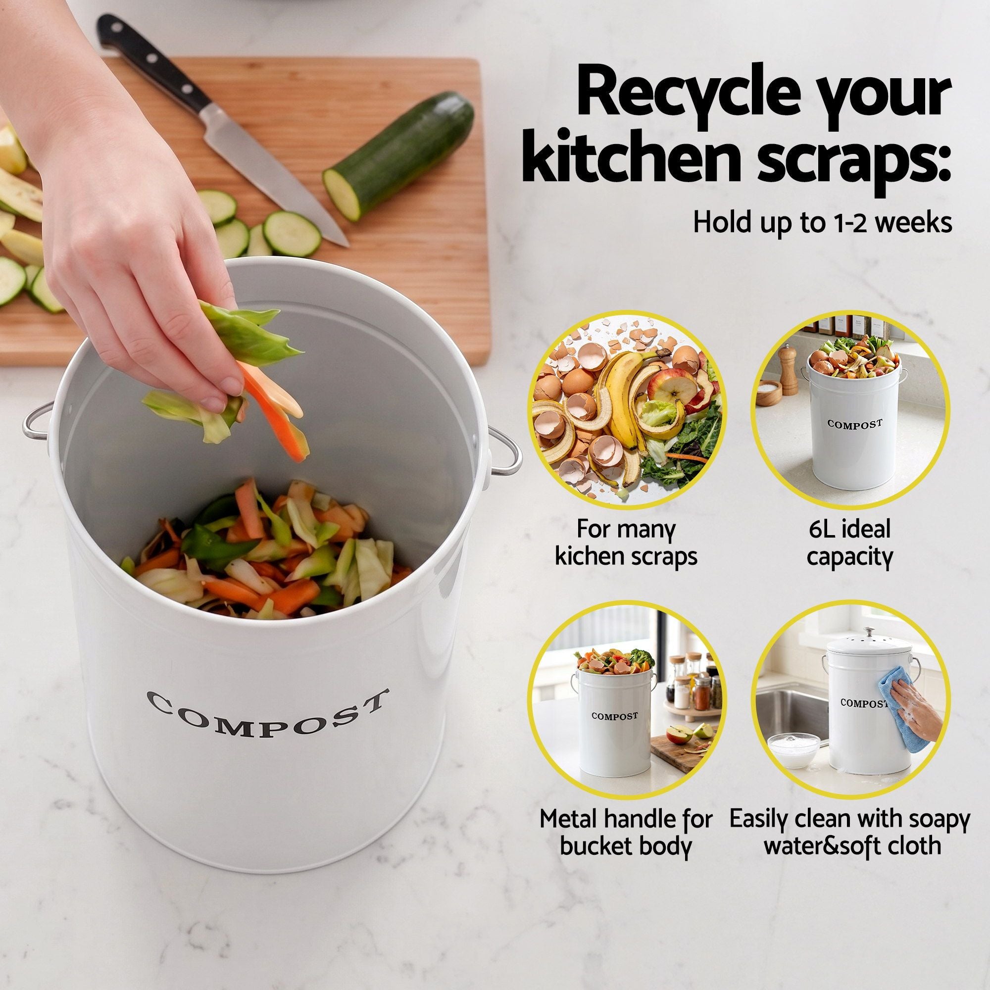 Gardeon Compost Bin Kitchen Compost Caddy Food Waste Bin Bench White CBIN-ROUND-6L-WH