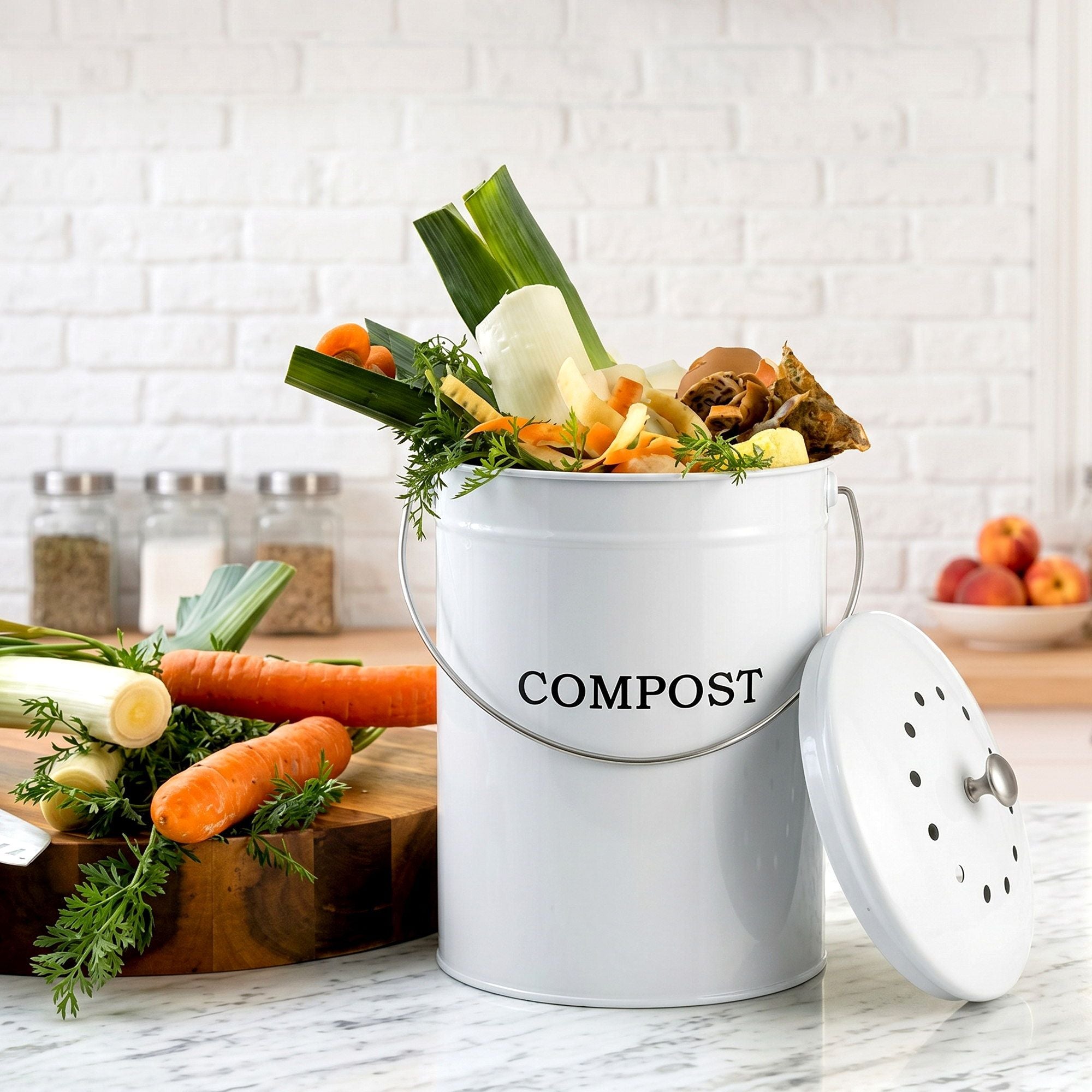 Gardeon Compost Bin Kitchen Compost Caddy Food Waste Bin Bench White CBIN-ROUND-6L-WH