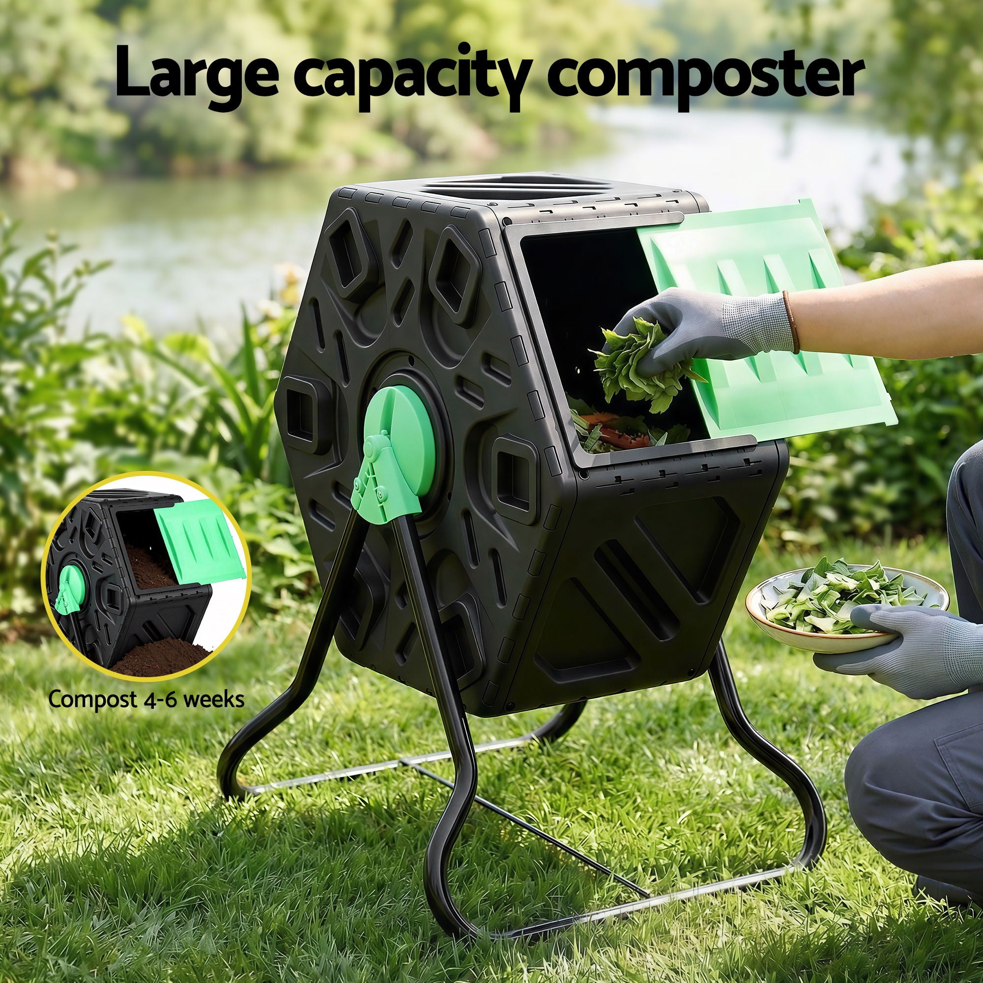 Gardeon Compost Bin 65L Composter Tumbler Rotating Outdoor With Sliding Door CBIN-SING-GNBK