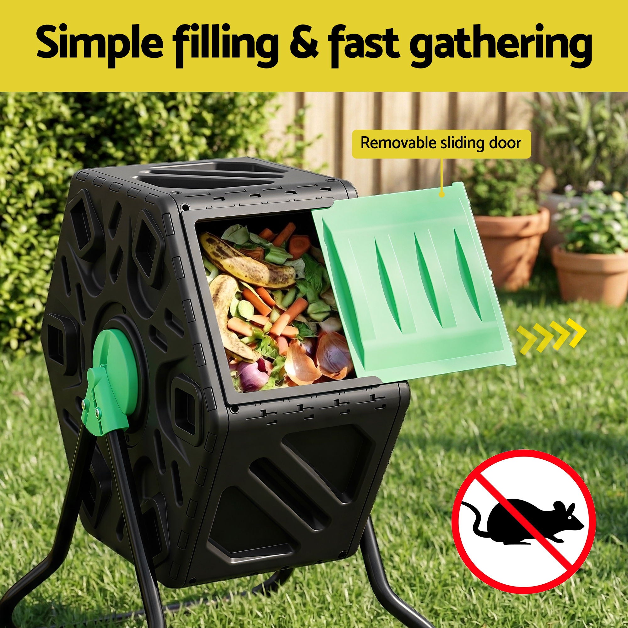 Gardeon Compost Bin 65L Composter Tumbler Rotating Outdoor With Sliding Door CBIN-SING-GNBK