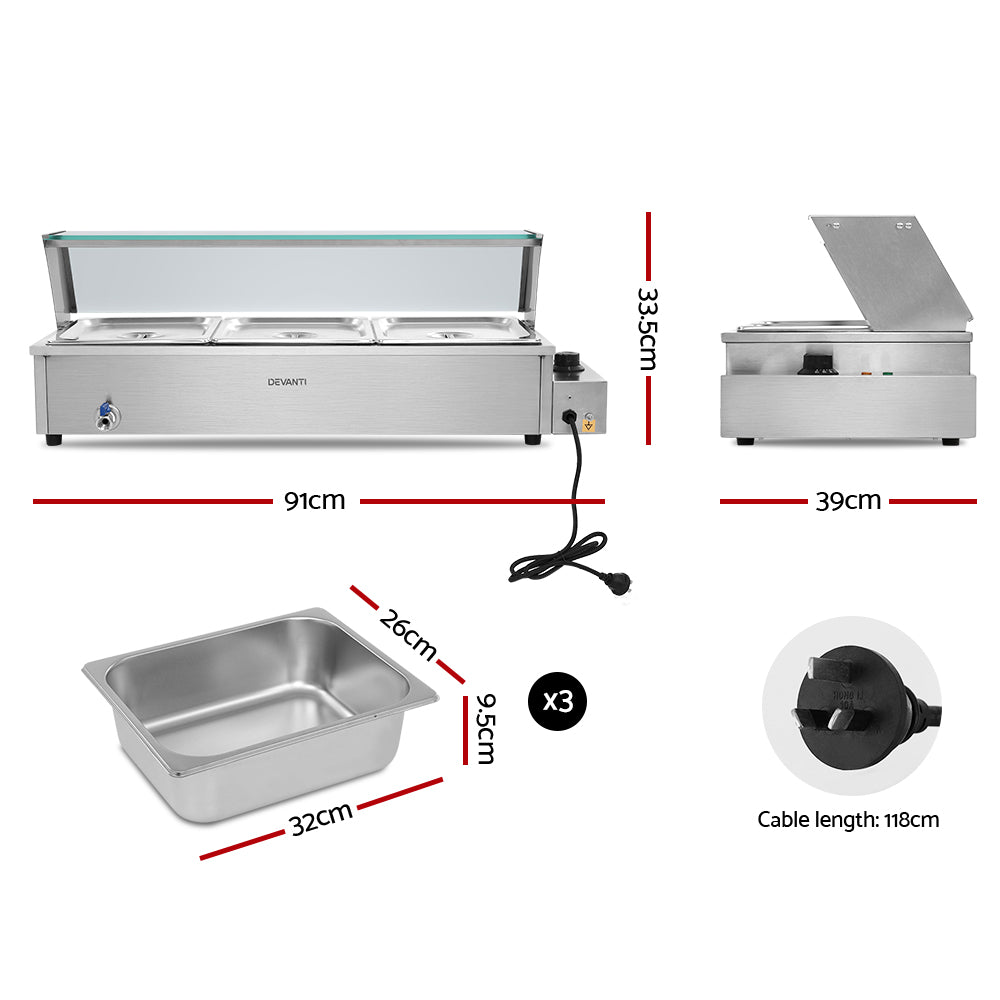 Devanti Commercial Food Warmer Bain Marie 3 Electric Buffet Pans CBM-BMC3-SS