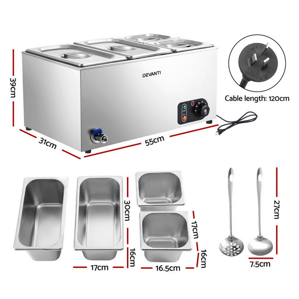 Devanti Commercial Food Warmer Bain Marie 4 Electric Buffet Pans CBM-BMC3V-SS