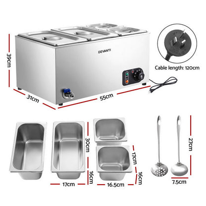 Devanti Commercial Food Warmer Bain Marie 4 Electric Buffet Pans CBM-BMC3V-SS