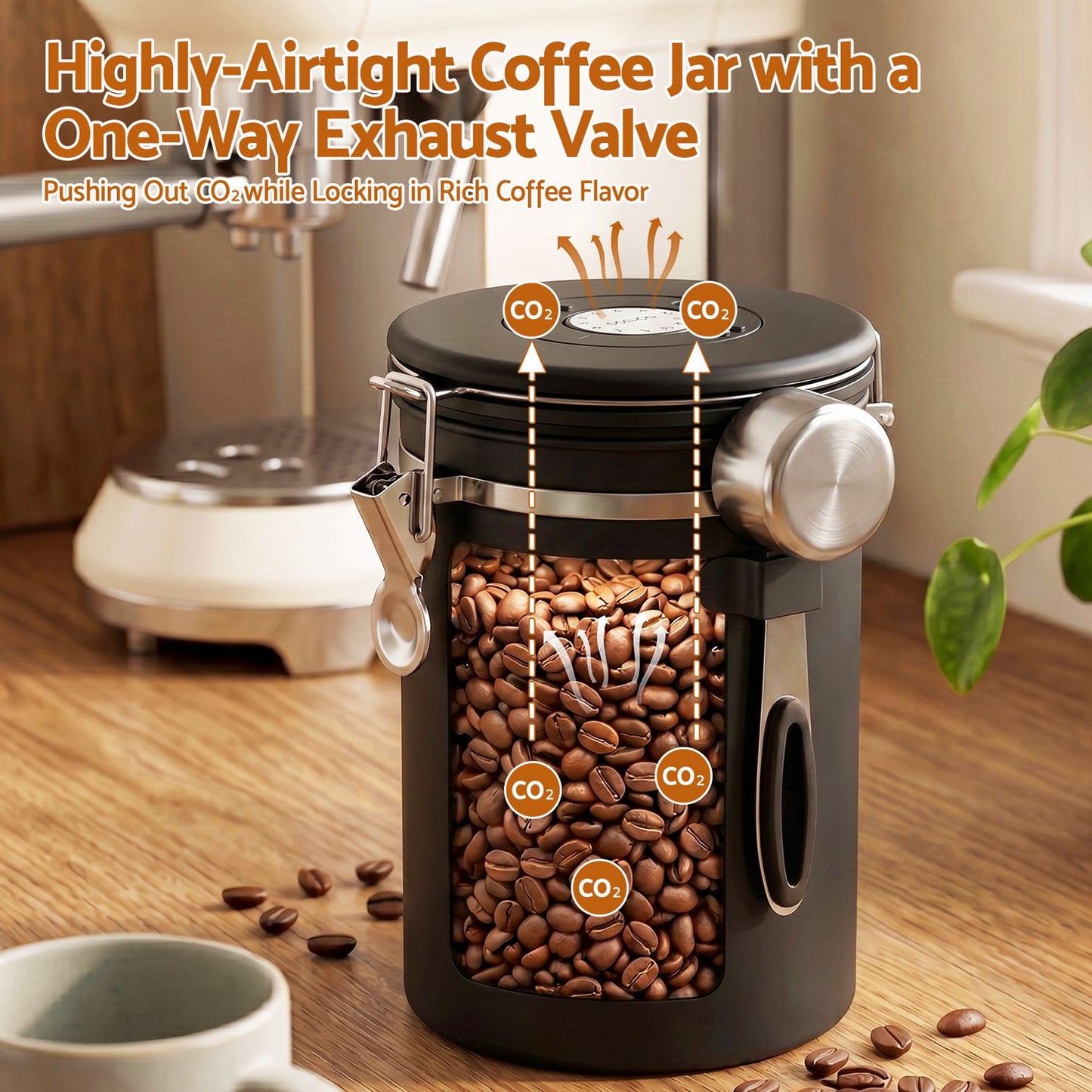 5-Star Chef 1.8L Stainless Steel Coffee Bean Storage Container Coffee Canister CBS-1800ML-BK