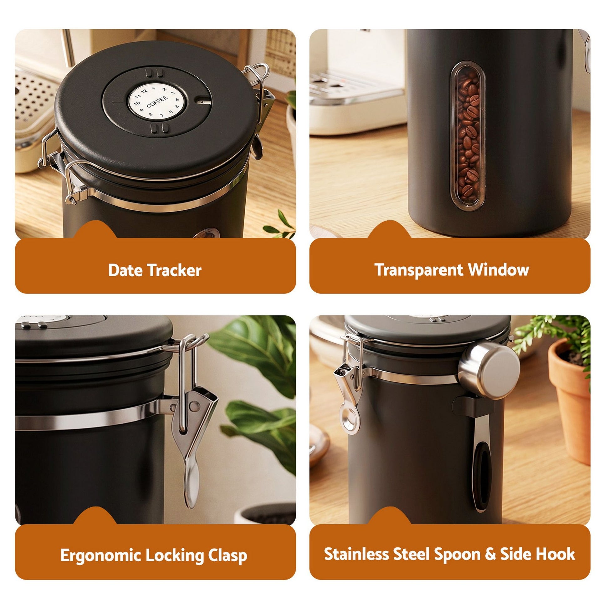 5-Star Chef 1.8L Stainless Steel Coffee Bean Storage Container Coffee Canister CBS-1800ML-BK
