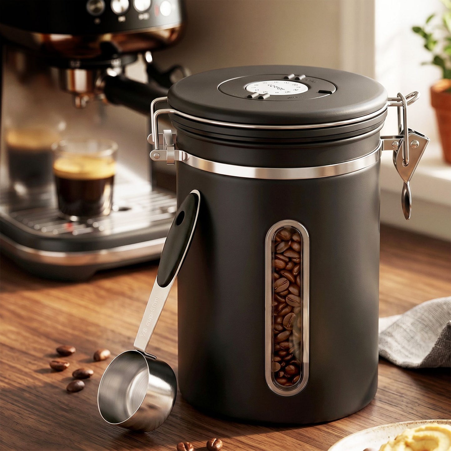 5-Star Chef 1.8L Stainless Steel Coffee Bean Storage Container Coffee Canister CBS-1800ML-BK
