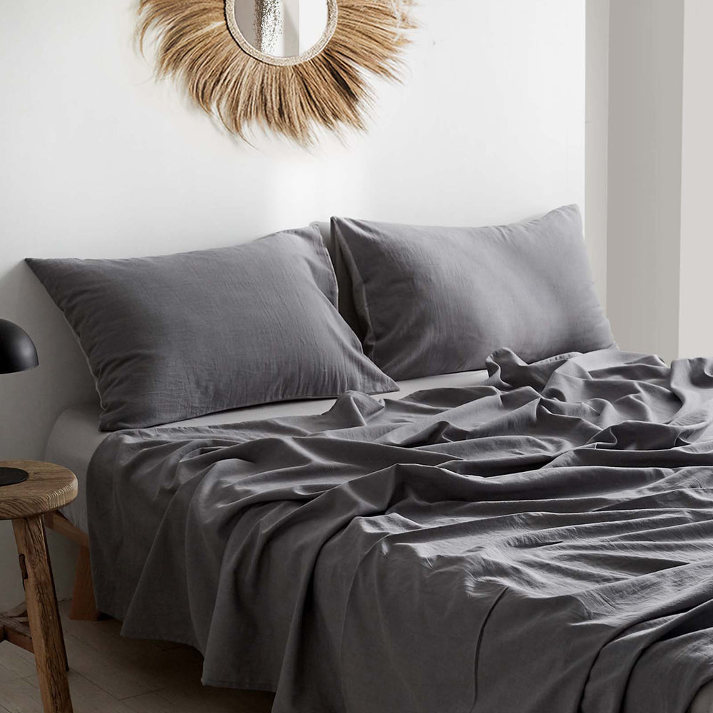 Cosy Club Washed Cotton Sheet Set Grey Double CC-SHEETSET-D-GY-GY