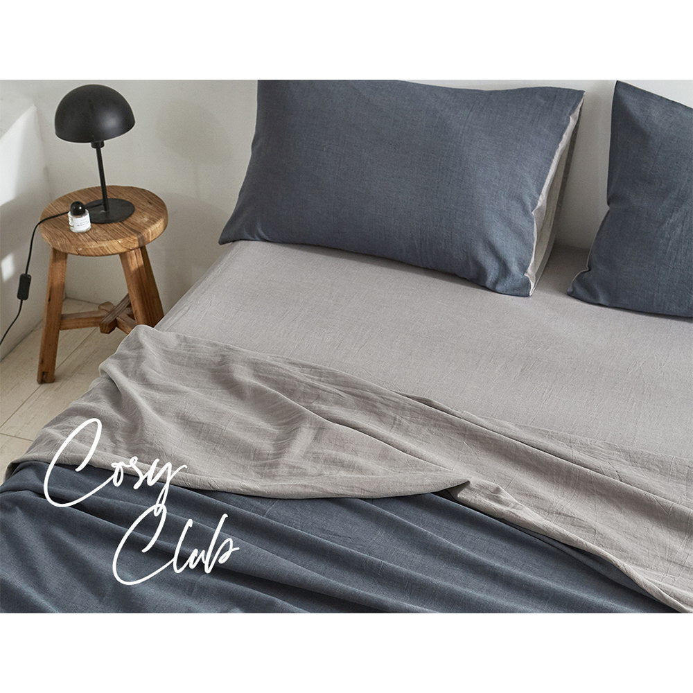 Cosy Club Cotton Bed Sheets Set Navy Grey Cover Single CC-SHEETSET-S-DBL-GR