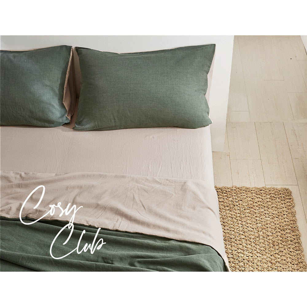 Cosy Club Cotton Bed Sheets Set Green Beige Cover Single CC-SHEETSET-S-GN-BG