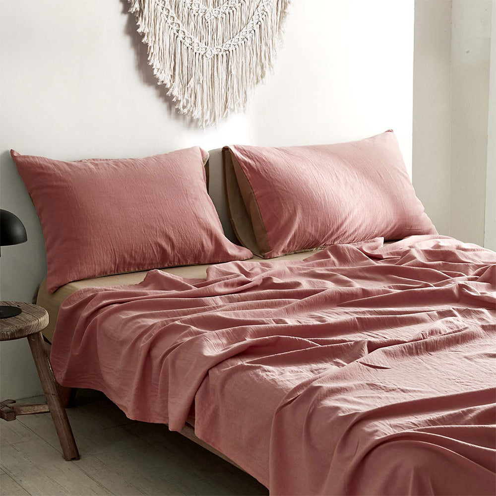 Cosy Club Cotton Bed Sheets Set Pink Brown Cover Single CC-SHEETSET-S-PK-BR