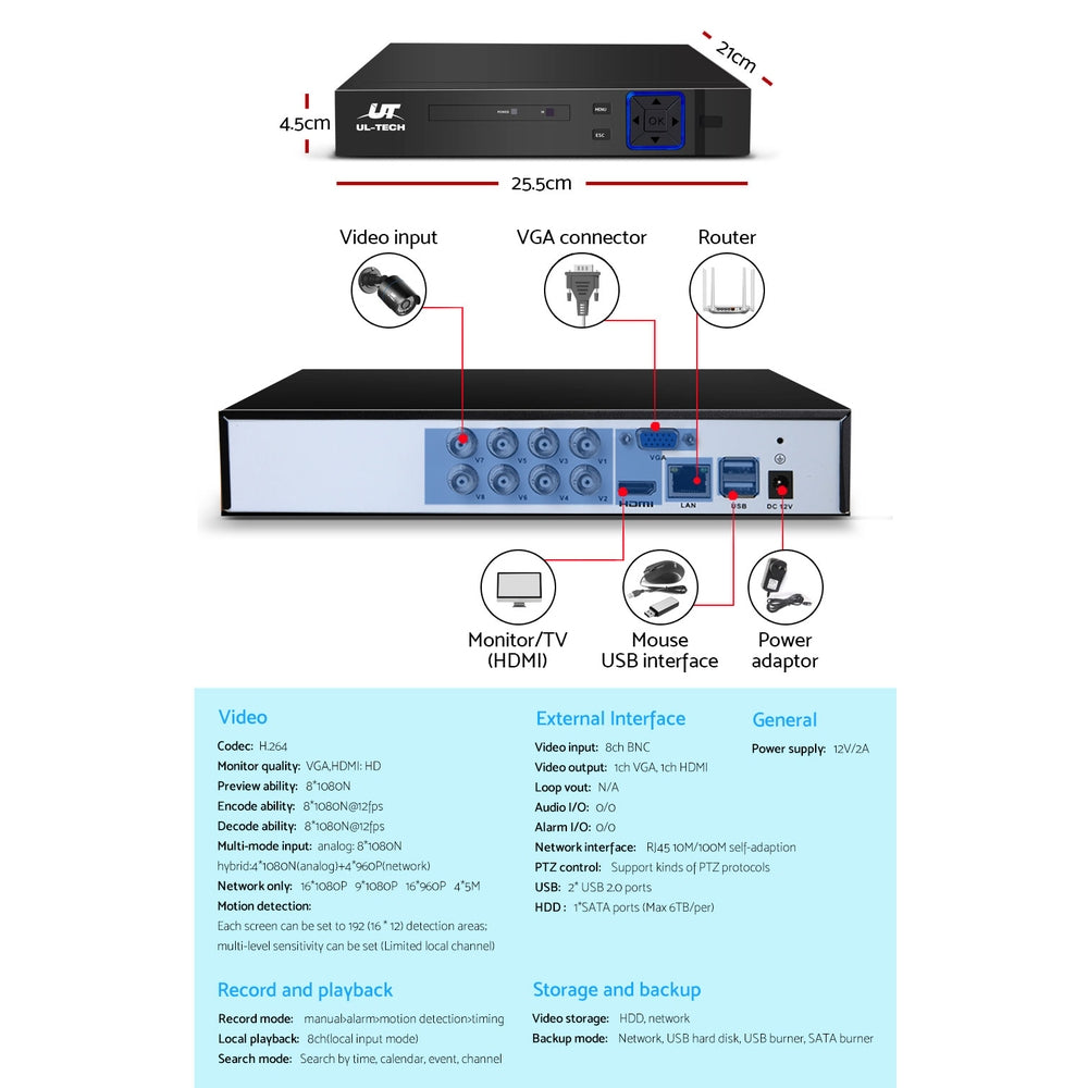 UL-tech CCTV Security System 8CH DVR 8 Cameras 4TB Hard Drive CC-WD-8C-8B-4T