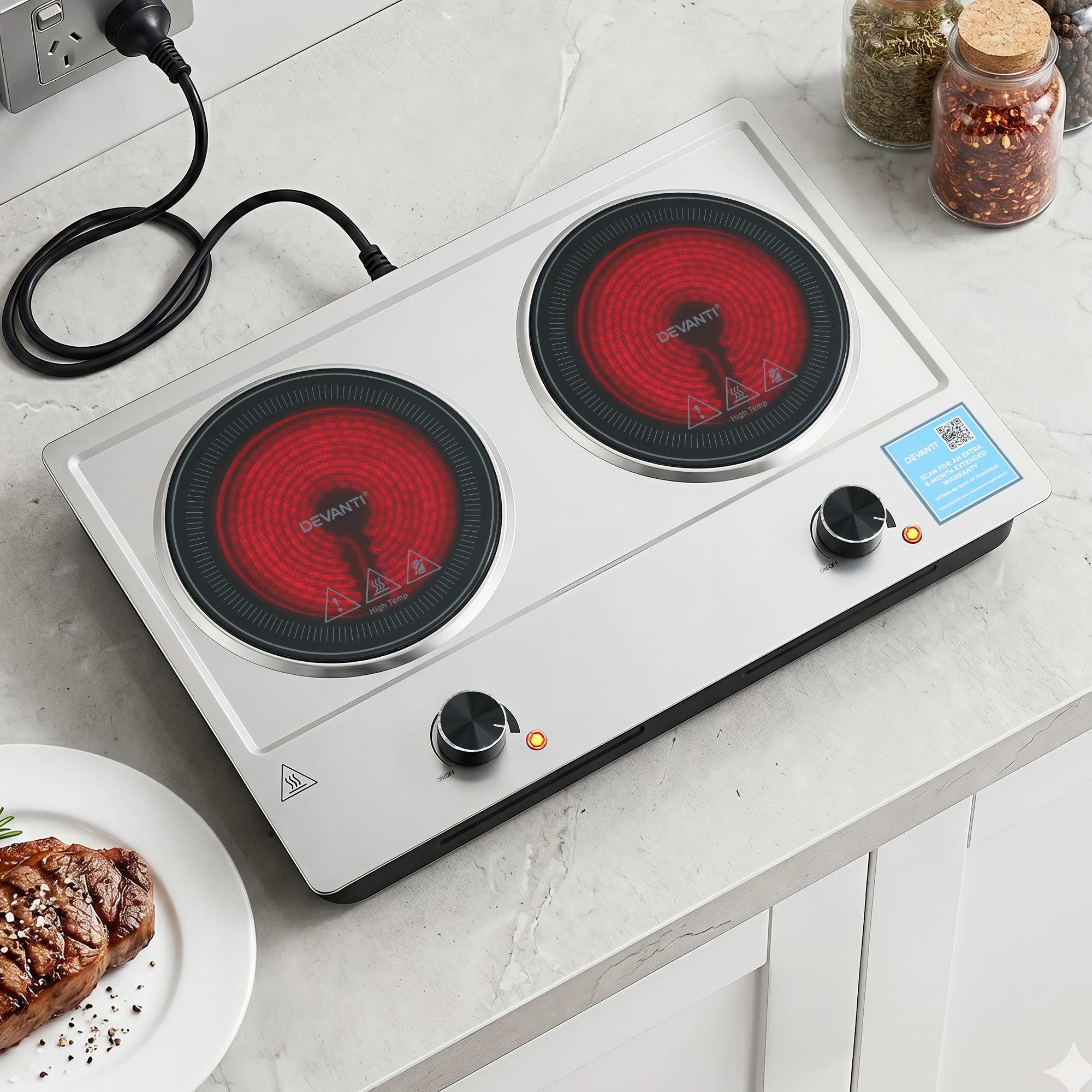 Devanti 2 Hobs Ceramic Cooktop Electric Hot Plate Infrared Knob Control 2400W CCT-B-2B-2Z-KNOB-SS