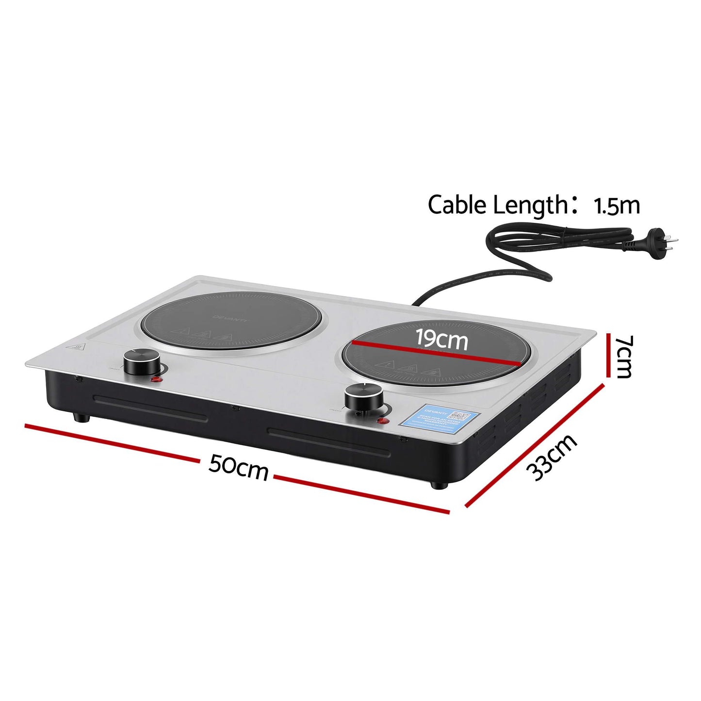Devanti 2 Hobs Ceramic Cooktop Electric Hot Plate Infrared Knob Control 2400W CCT-B-2B-2Z-KNOB-SS