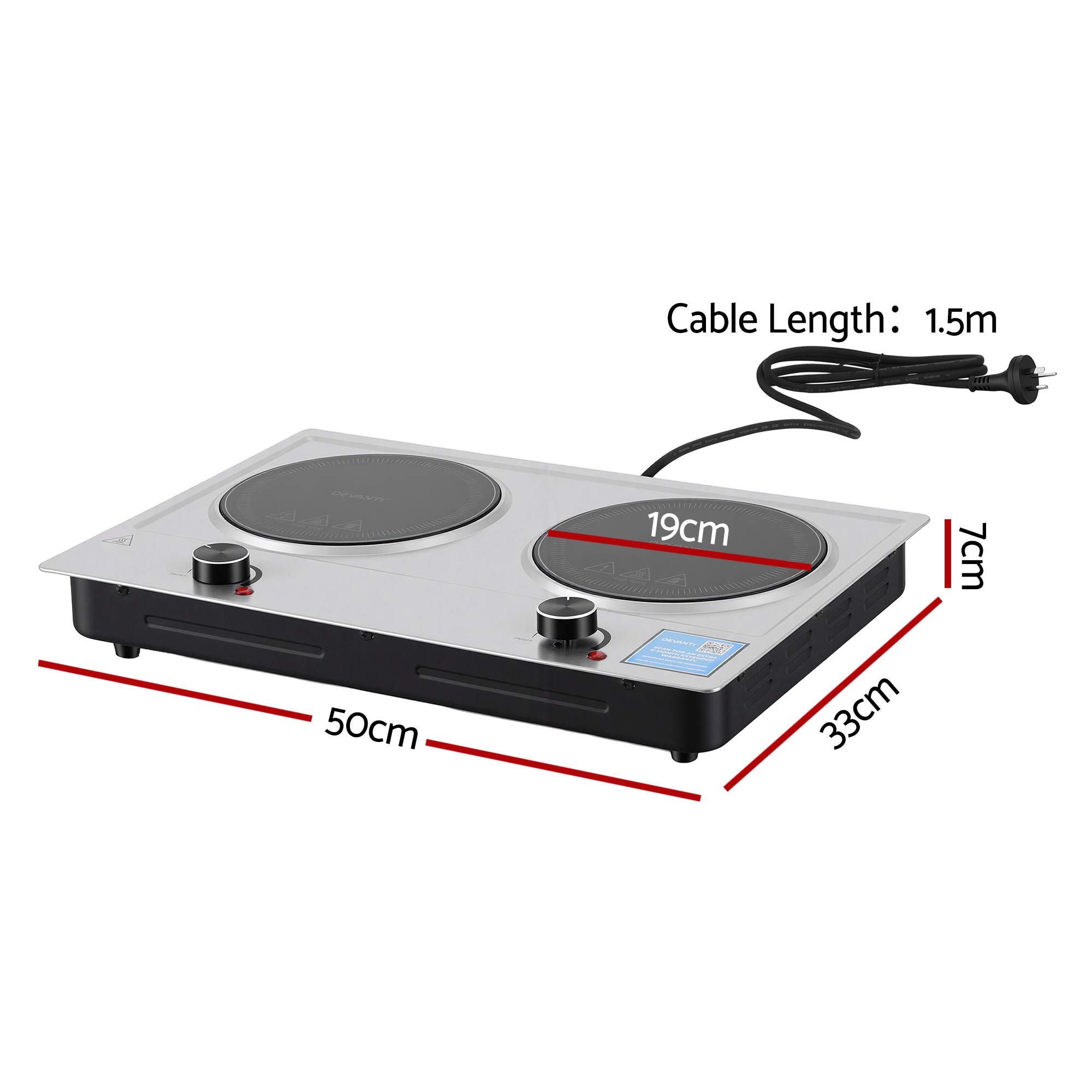 Devanti 2 Hobs Ceramic Cooktop Electric Hot Plate Infrared Knob Control 2400W CCT-B-2B-2Z-KNOB-SS