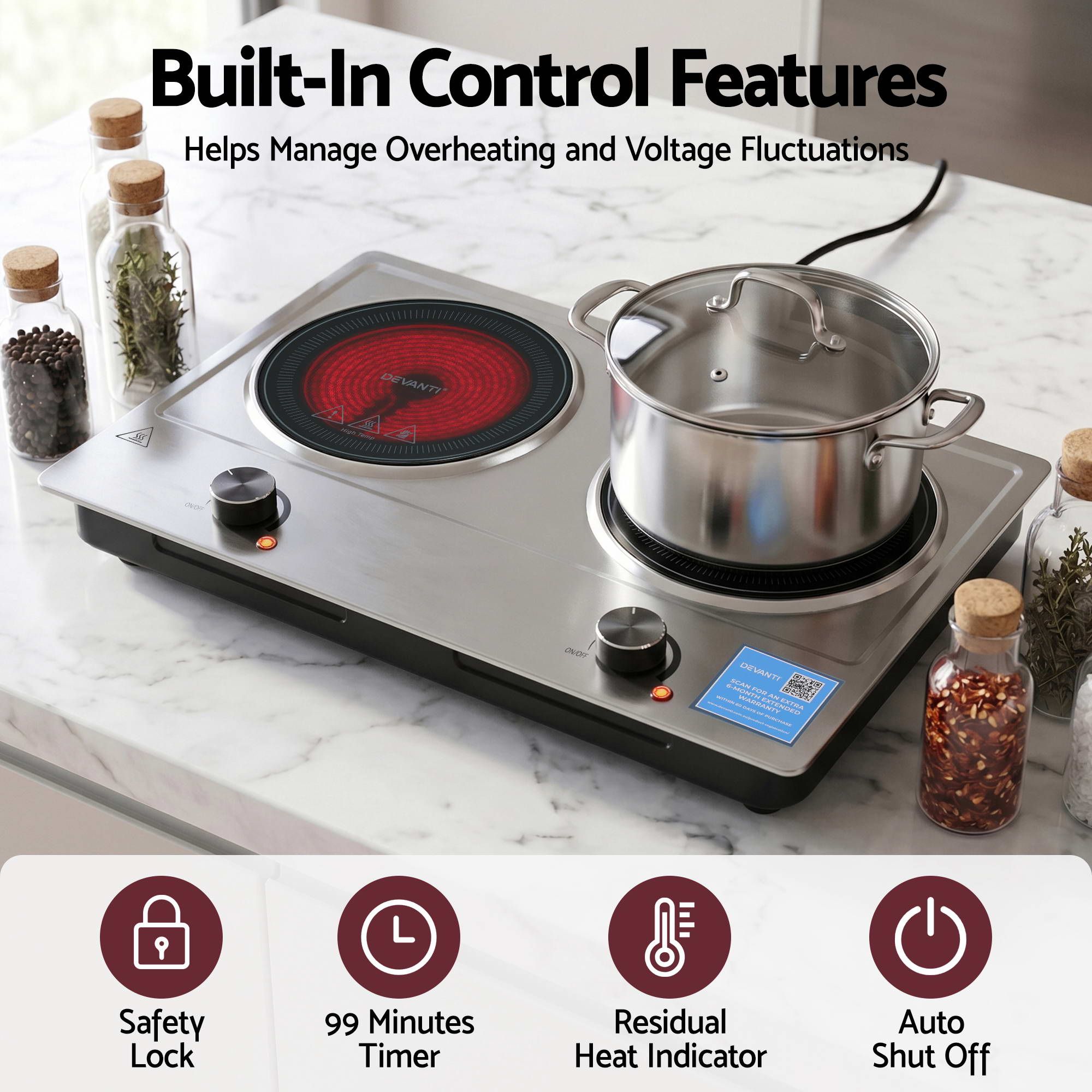 Devanti 2 Hobs Ceramic Cooktop Electric Hot Plate Infrared Knob Control 2400W CCT-B-2B-2Z-KNOB-SS