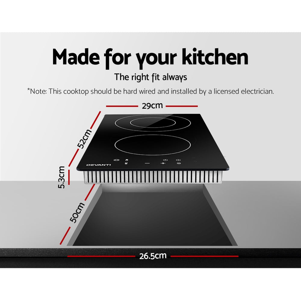 Devanti Electric Ceramic Cooktop 30cm CCT-B-2B-3Z-TOUCH-BK