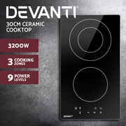 Devanti Electric Ceramic Cooktop 30cm CCT-B-2B-3Z-TOUCH-BK