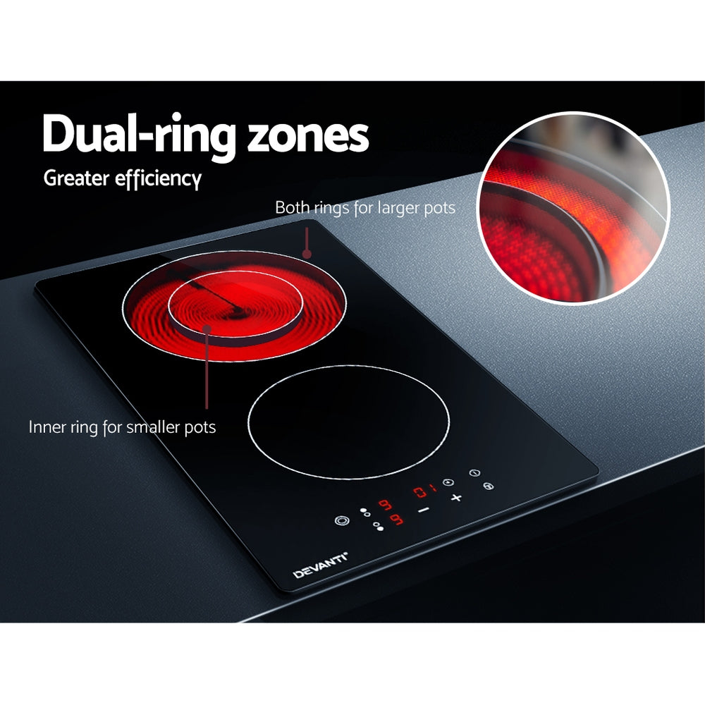 Devanti Electric Ceramic Cooktop 30cm CCT-B-2B-3Z-TOUCH-BK