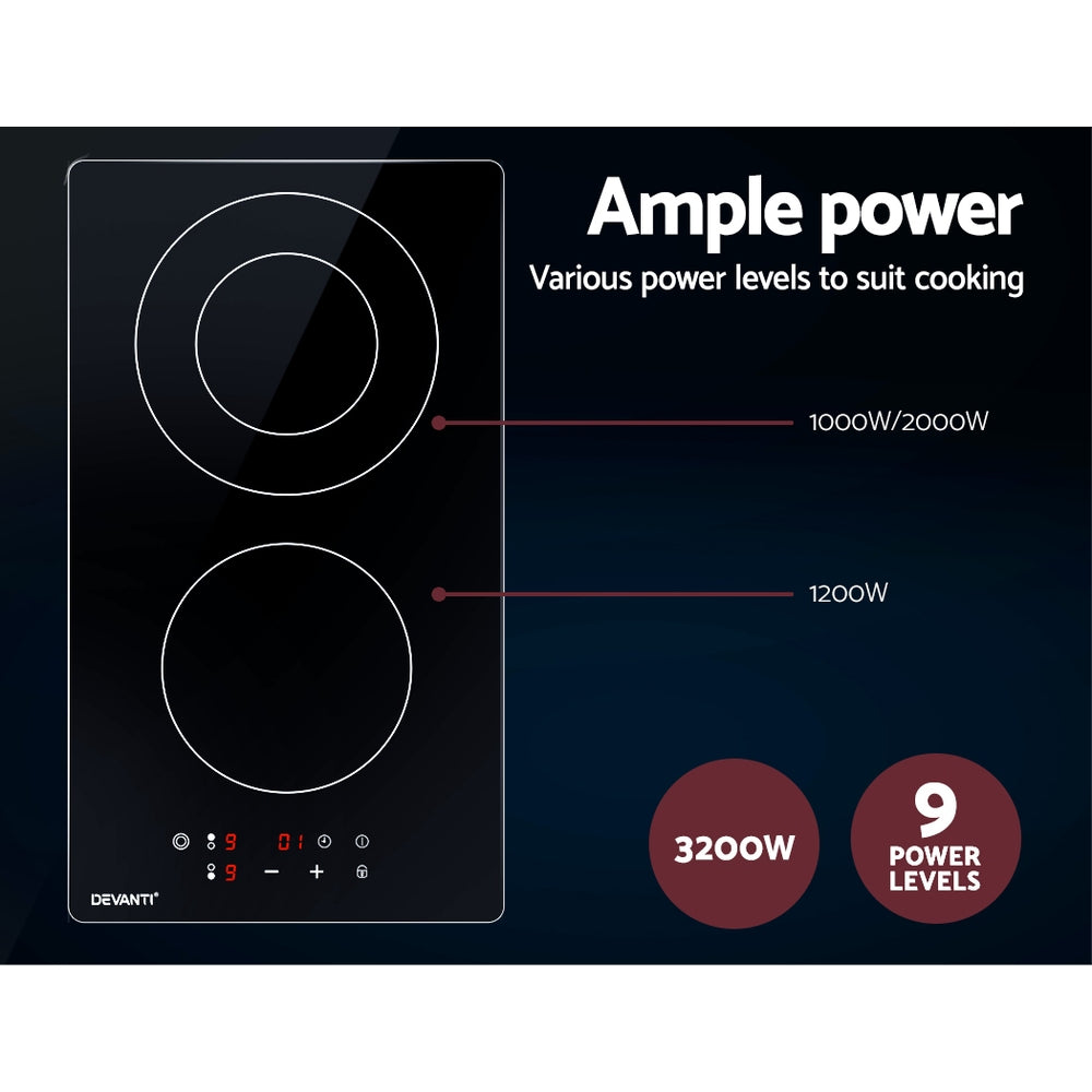Devanti Electric Ceramic Cooktop 30cm CCT-B-2B-3Z-TOUCH-BK