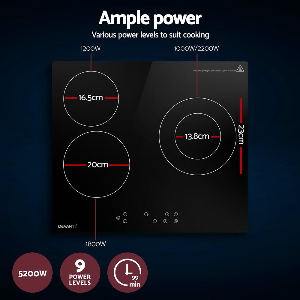 Devanti Electric Ceramic Cooktop 60cm Kitchen Cooker 4 Burner Hob Touch Control 5200W CCT-B-3E-4Z-TOUCH-BK