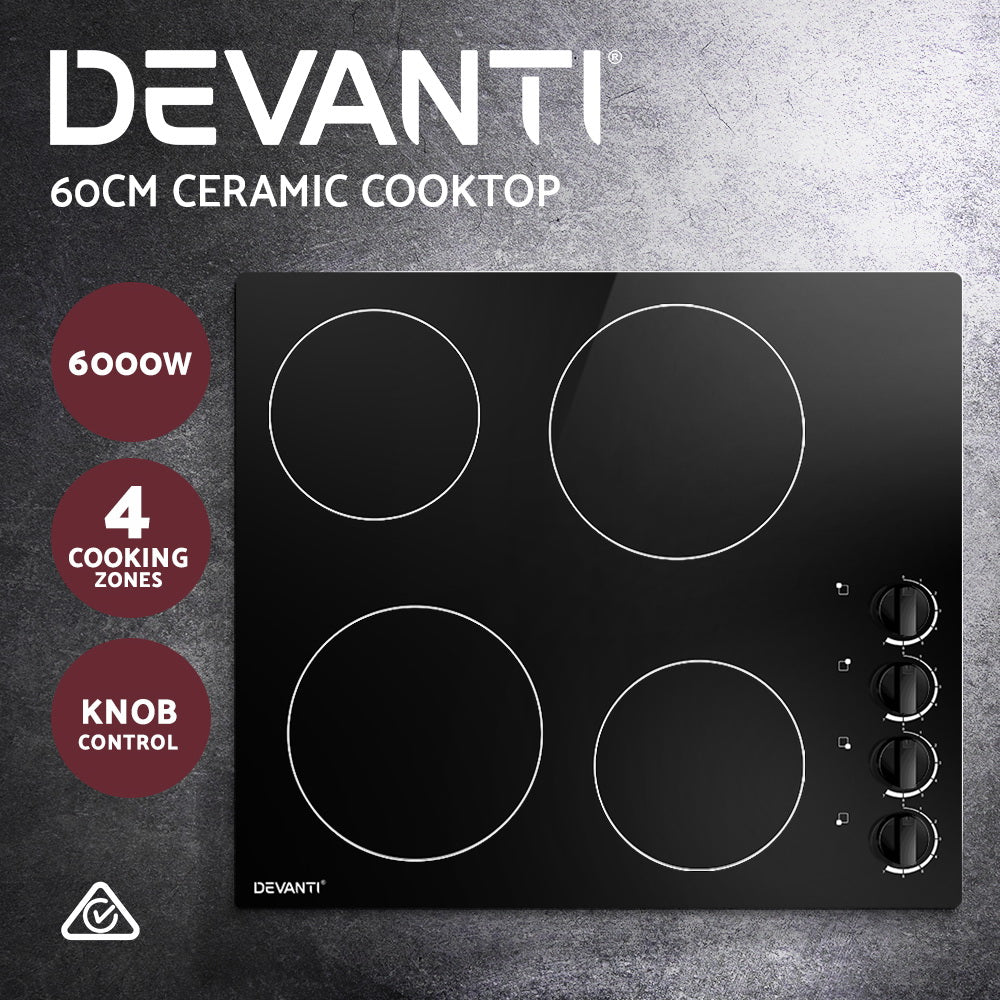 Devanti Electric Ceramic Cooktop 60cm CCT-B-4B-4Z-KNOB-BK
