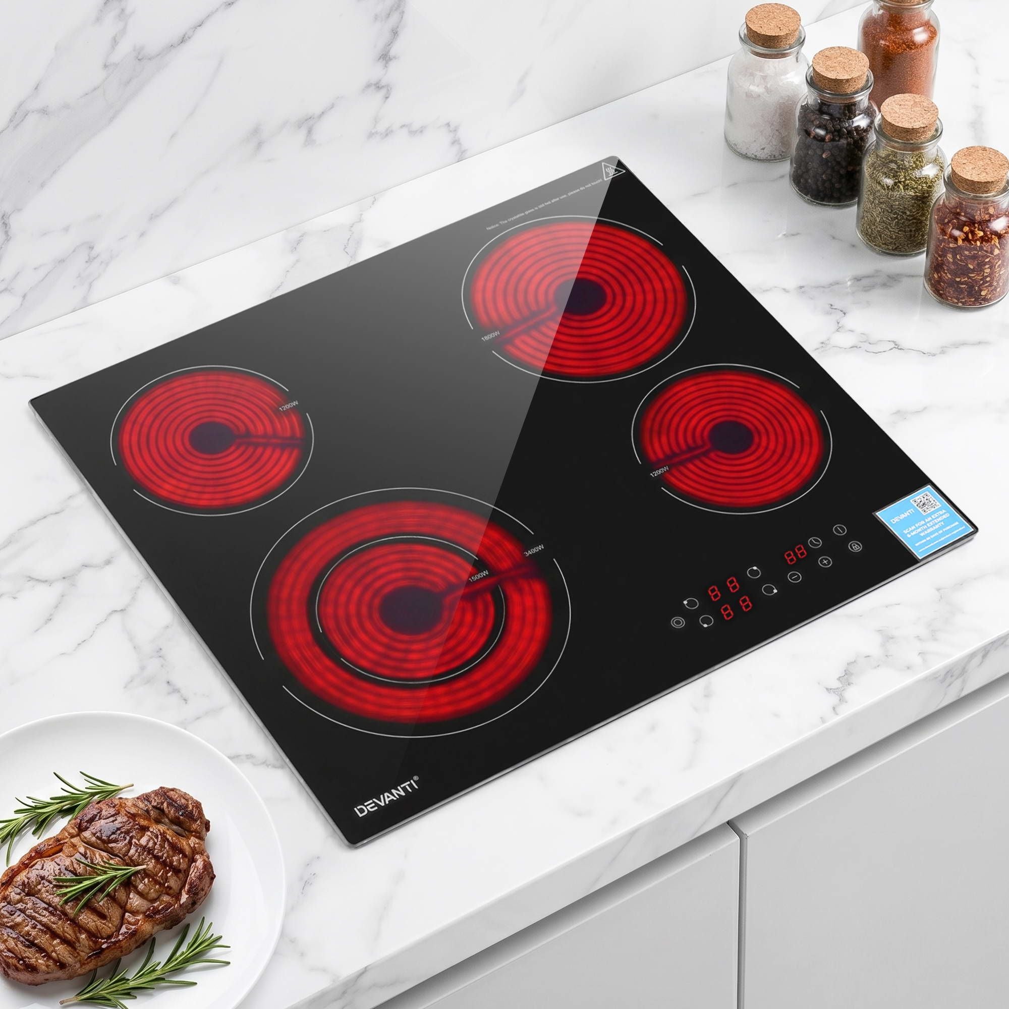 Devanti Ceramic Cooktop 5 Cooking Zone 4 Electric Hobs Touch Control 7600W Black CCT-B-4B-5Z-TOUCH-BK