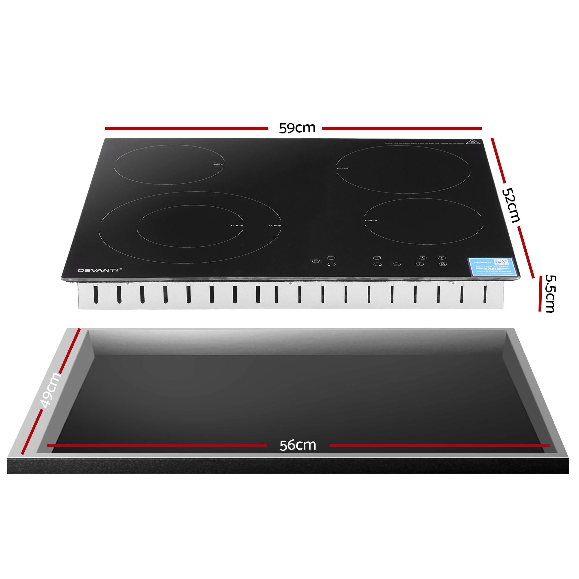 Devanti Ceramic Cooktop 5 Cooking Zone 4 Electric Hobs Touch Control 7600W Black CCT-B-4B-5Z-TOUCH-BK