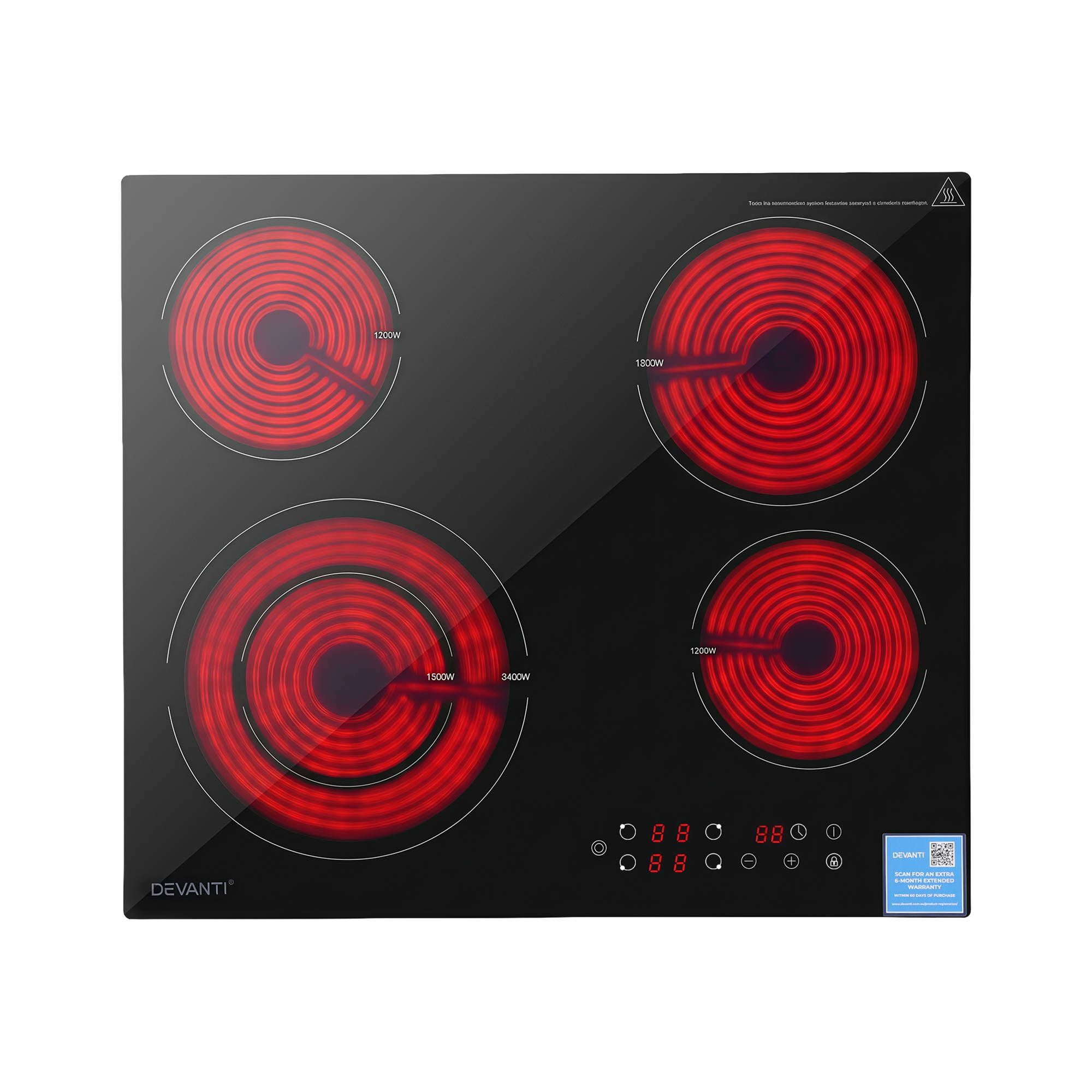 Devanti Ceramic Cooktop 5 Cooking Zone 4 Electric Hobs Touch Control 7600W Black CCT-B-4B-5Z-TOUCH-BK