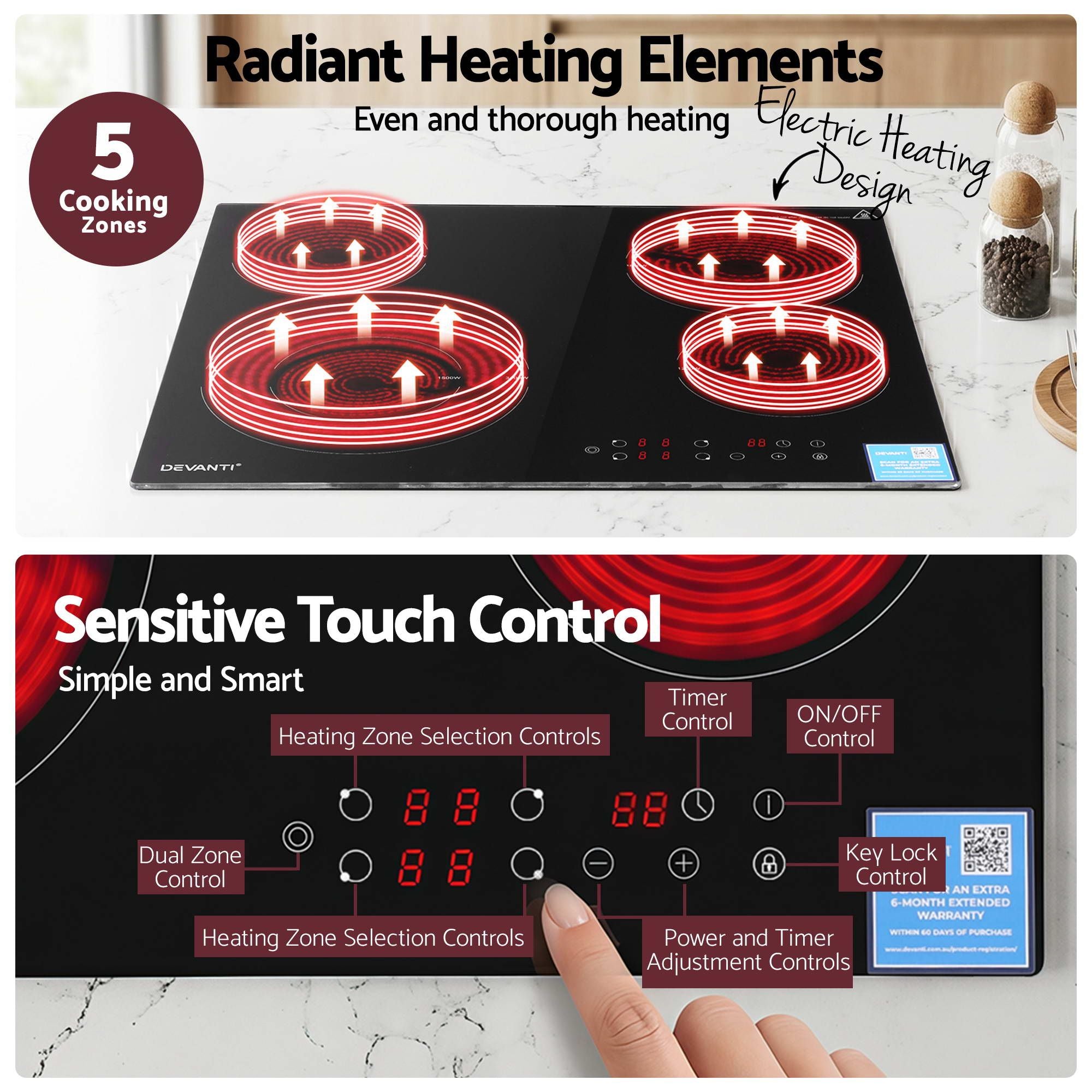 Devanti Ceramic Cooktop 5 Cooking Zone 4 Electric Hobs Touch Control 7600W Black CCT-B-4B-5Z-TOUCH-BK