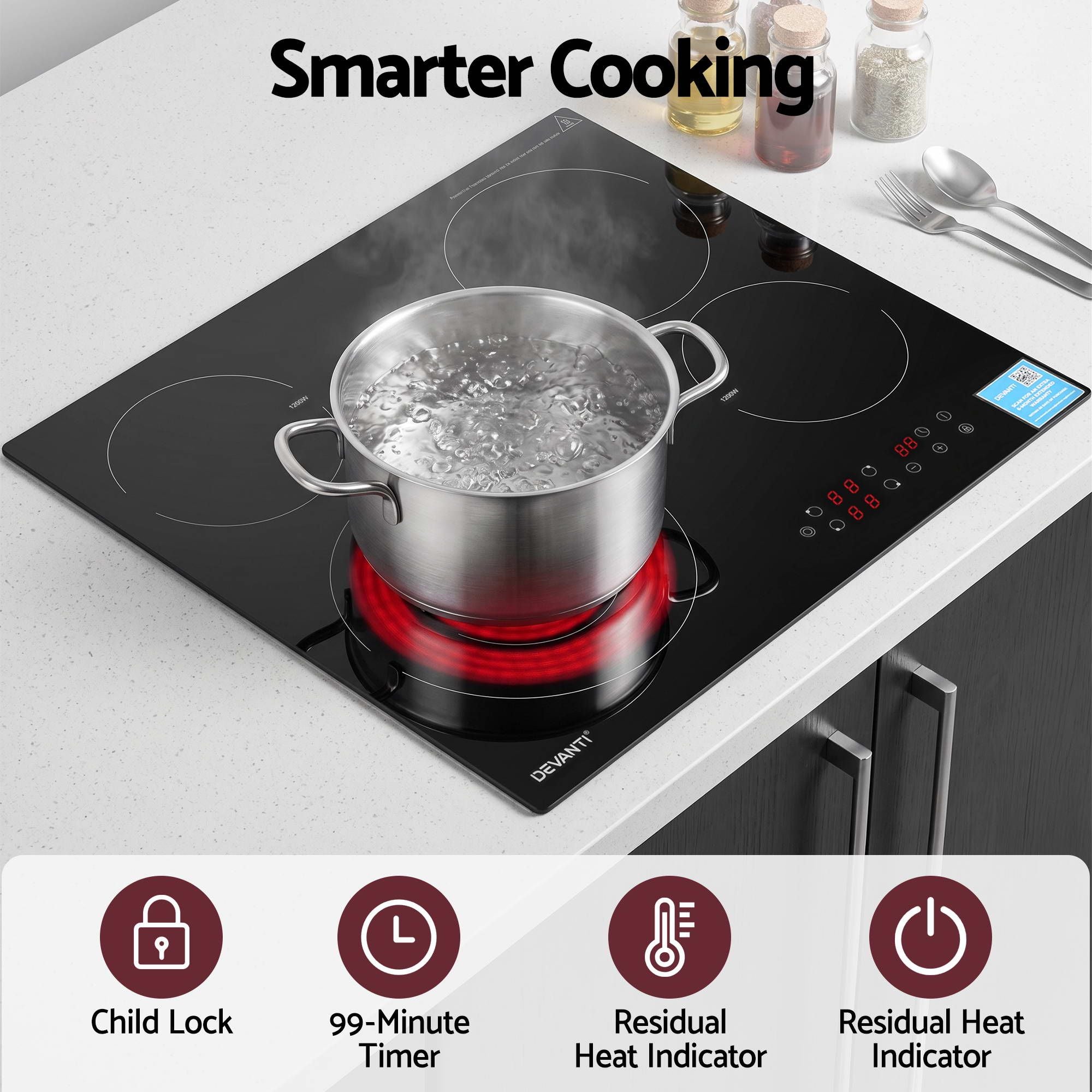 Devanti Ceramic Cooktop 5 Cooking Zone 4 Electric Hobs Touch Control 7600W Black CCT-B-4B-5Z-TOUCH-BK